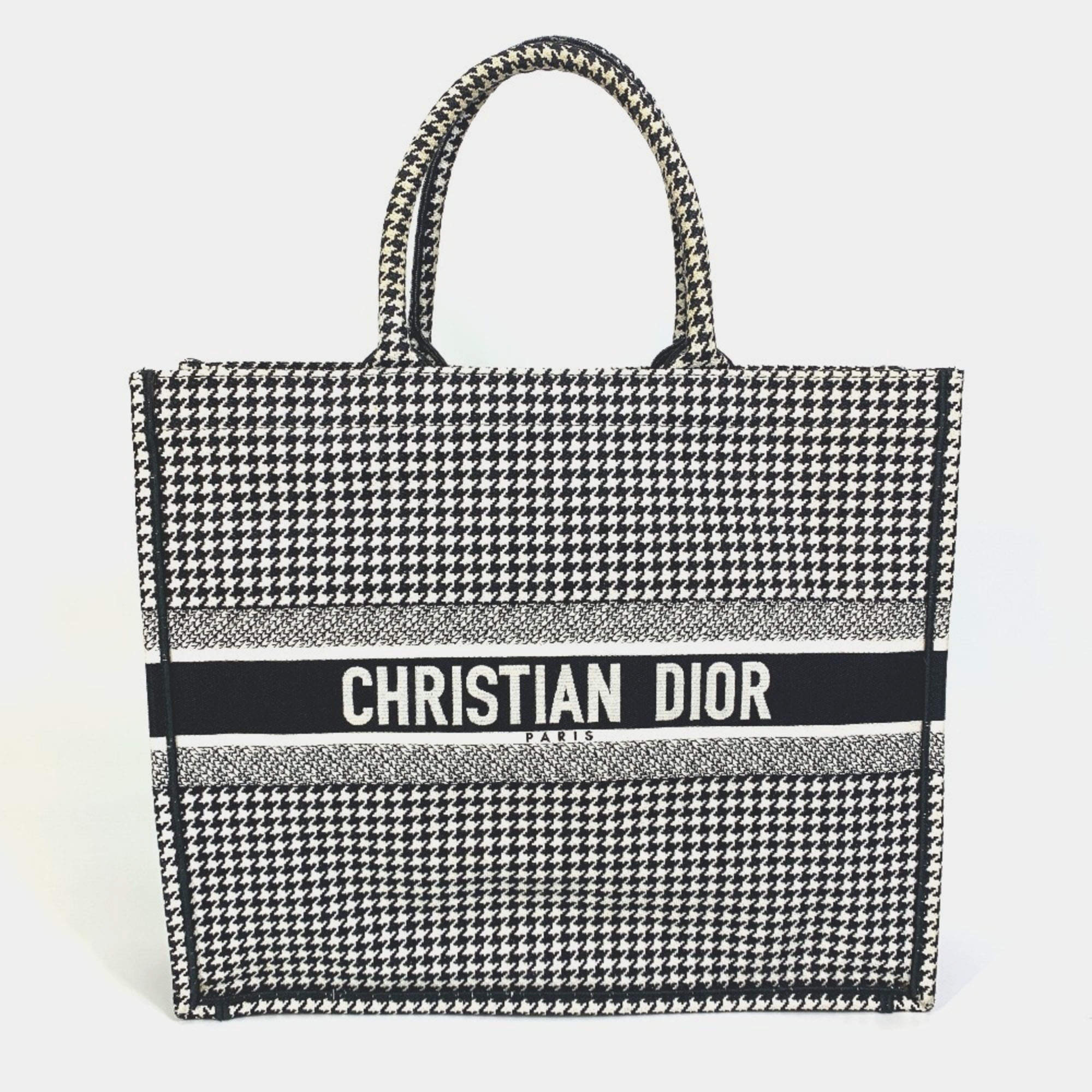Pre Owned Christian Dior Dior Houndstooth Embroidered Book Tote Canvas Shoulder Bag In White/Black