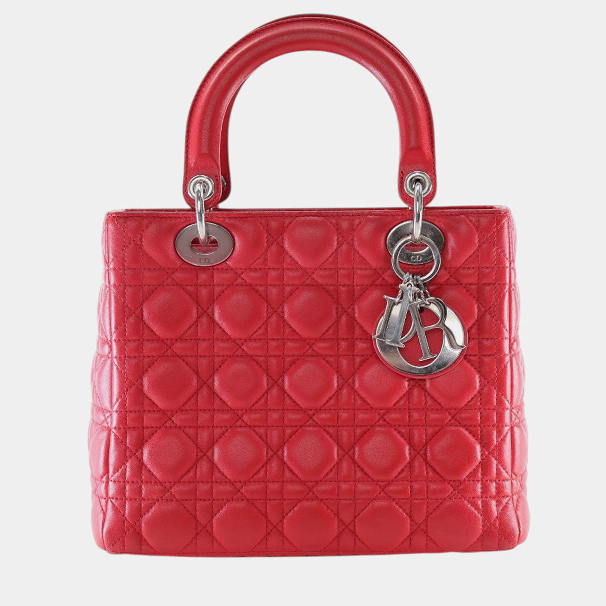 Pre Owned Dior Red Medium Lambskin Cannage Lady Dior