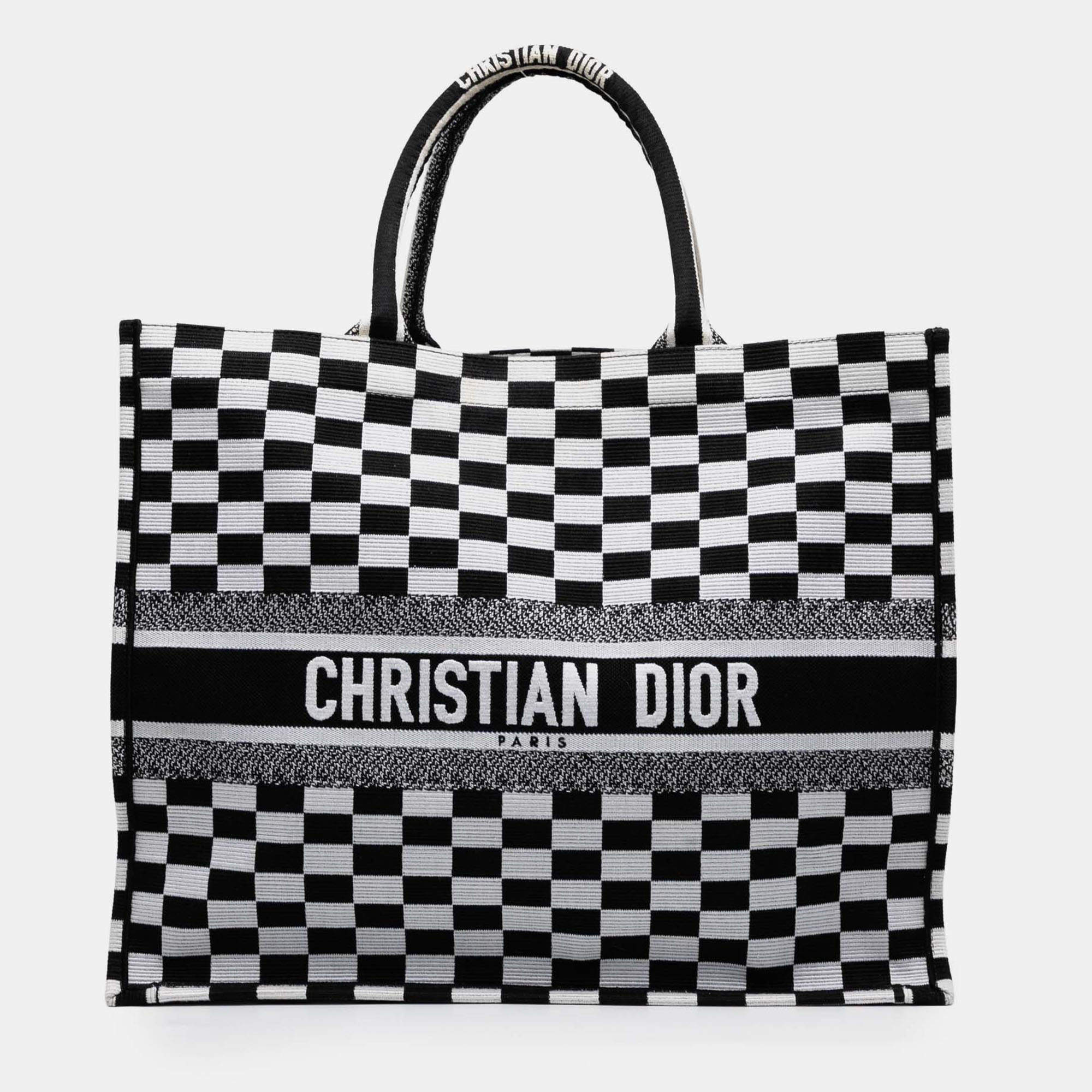 Pre Owned Dior Black White Large Embroidered Canvas Checkered Book Tote