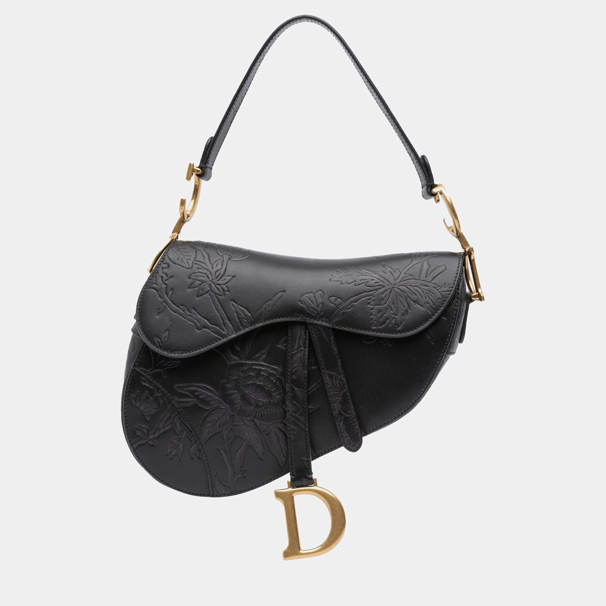 Pre Owned Dior Black Embossed Calfskin Jardin Botanique Saddle Bag