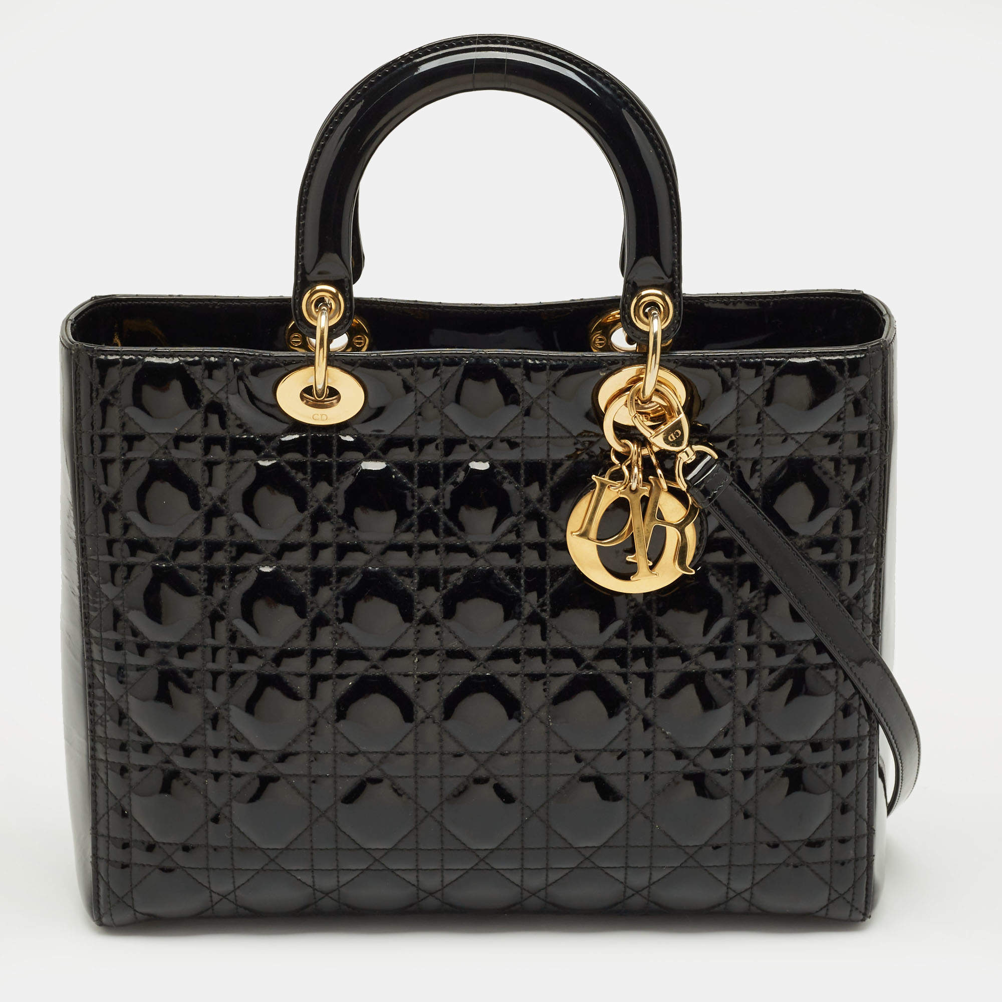 Pre Owned Dior Black Cannage Patent Leather Large Lady Dior Tote