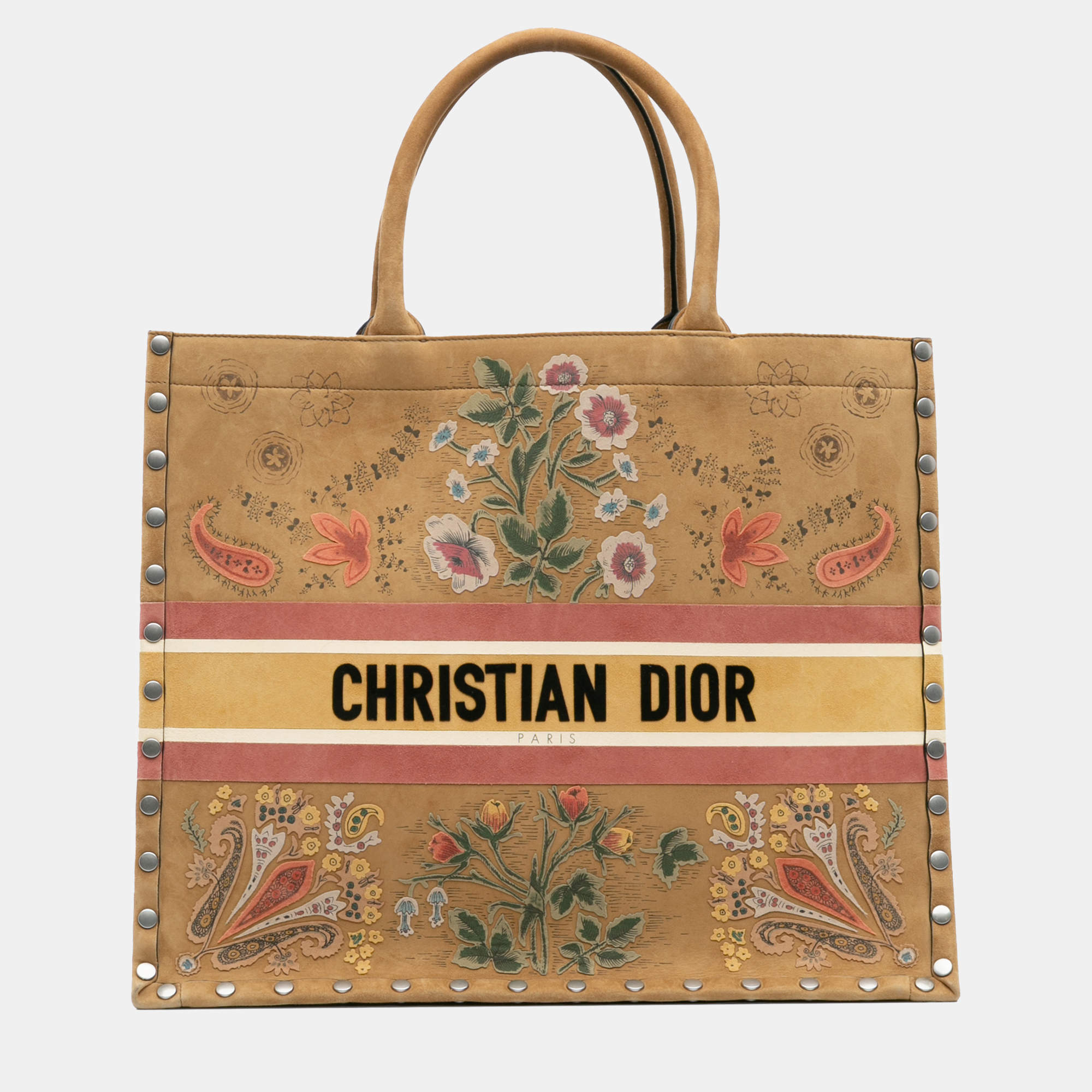 Pre Owned Dior Brown Large Studded Embroidered Suede Floral Book Tote