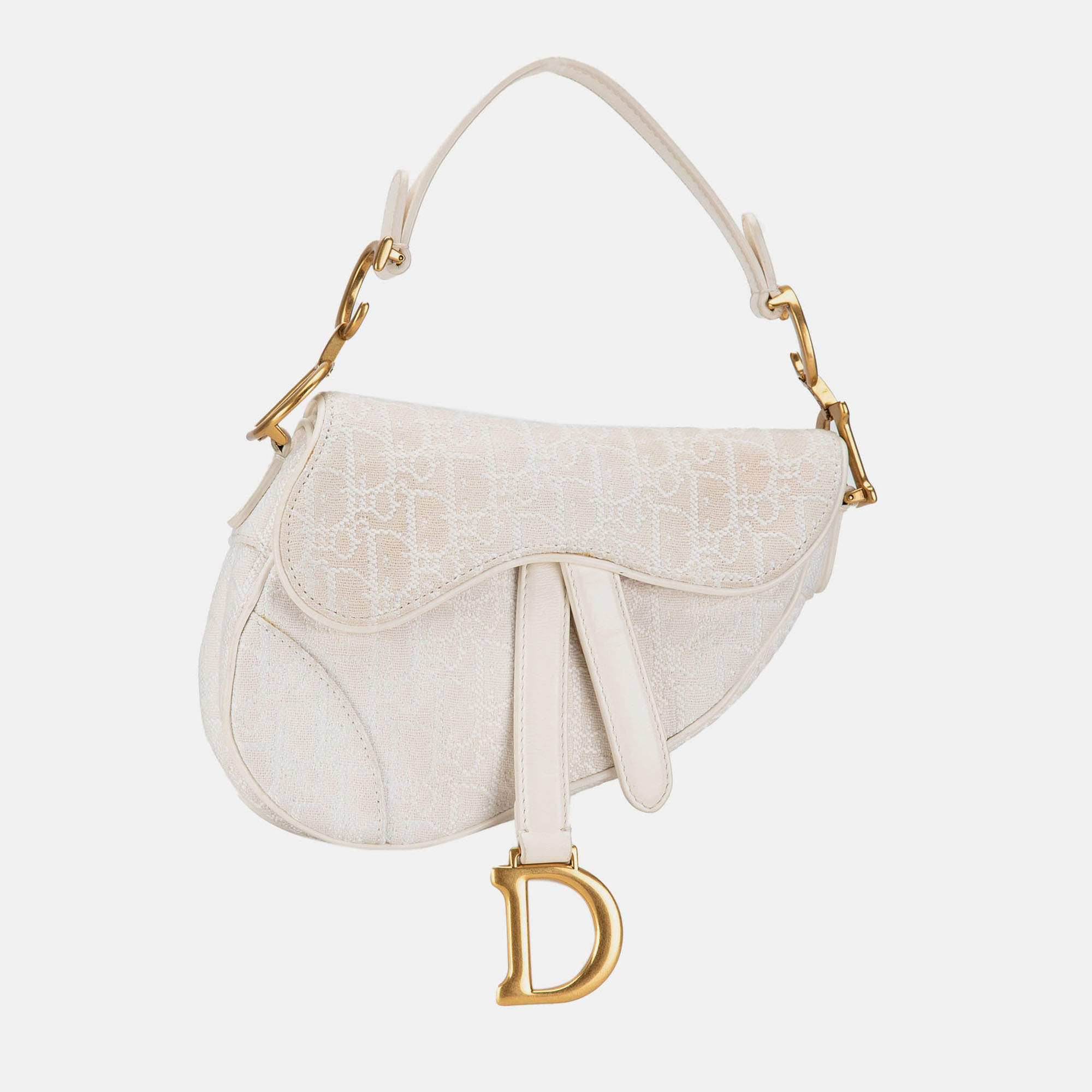 Pre Owned Dior White Mini Oblique Canvas Saddle Bag