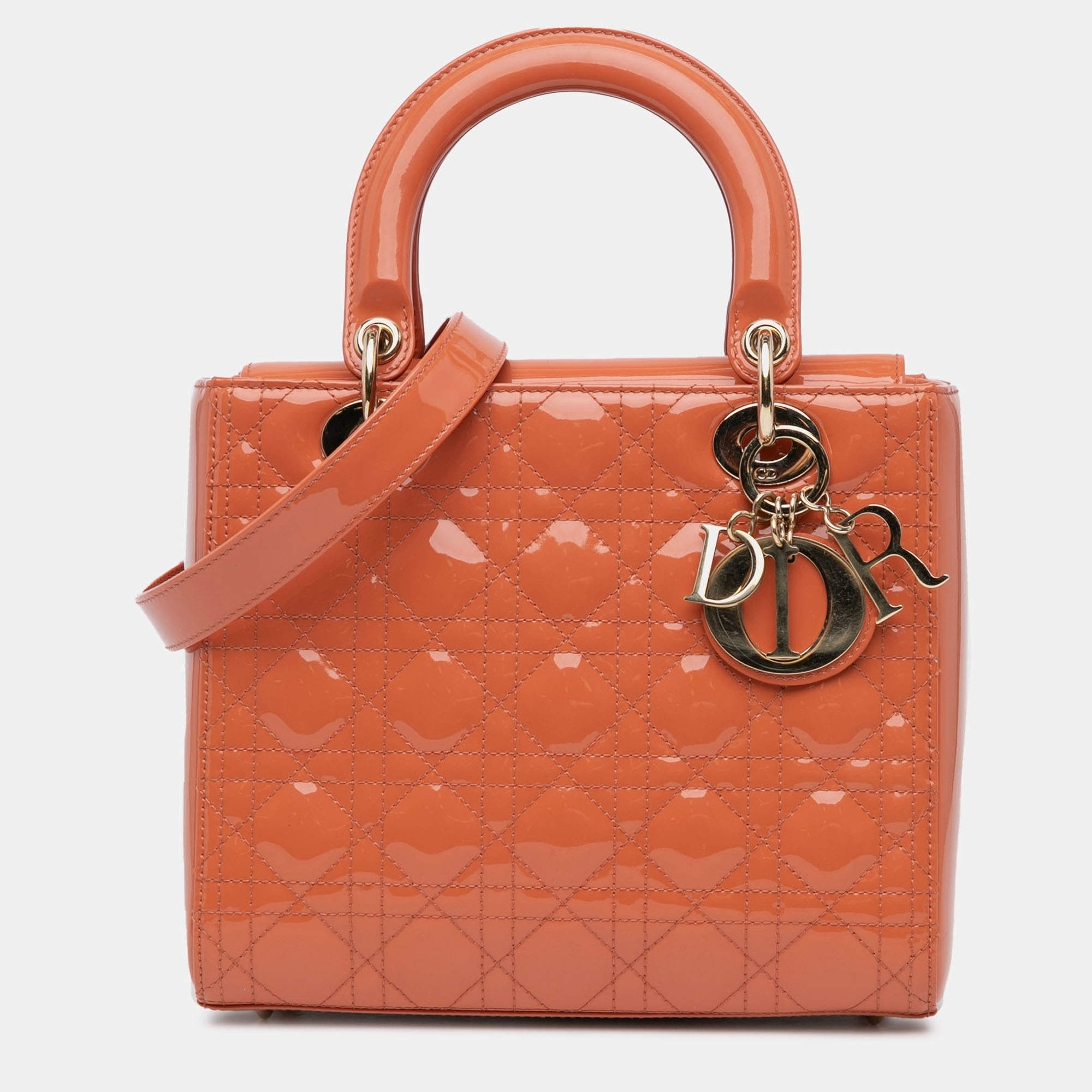 Pre Owned Dior Orange Medium Patent Cannage Lady Dior