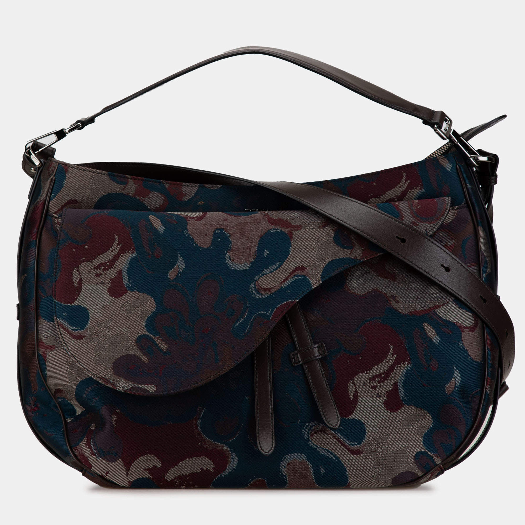 Pre Owned Dior Brown Peter Doig Denim Camouflage Soft Saddle Bag
