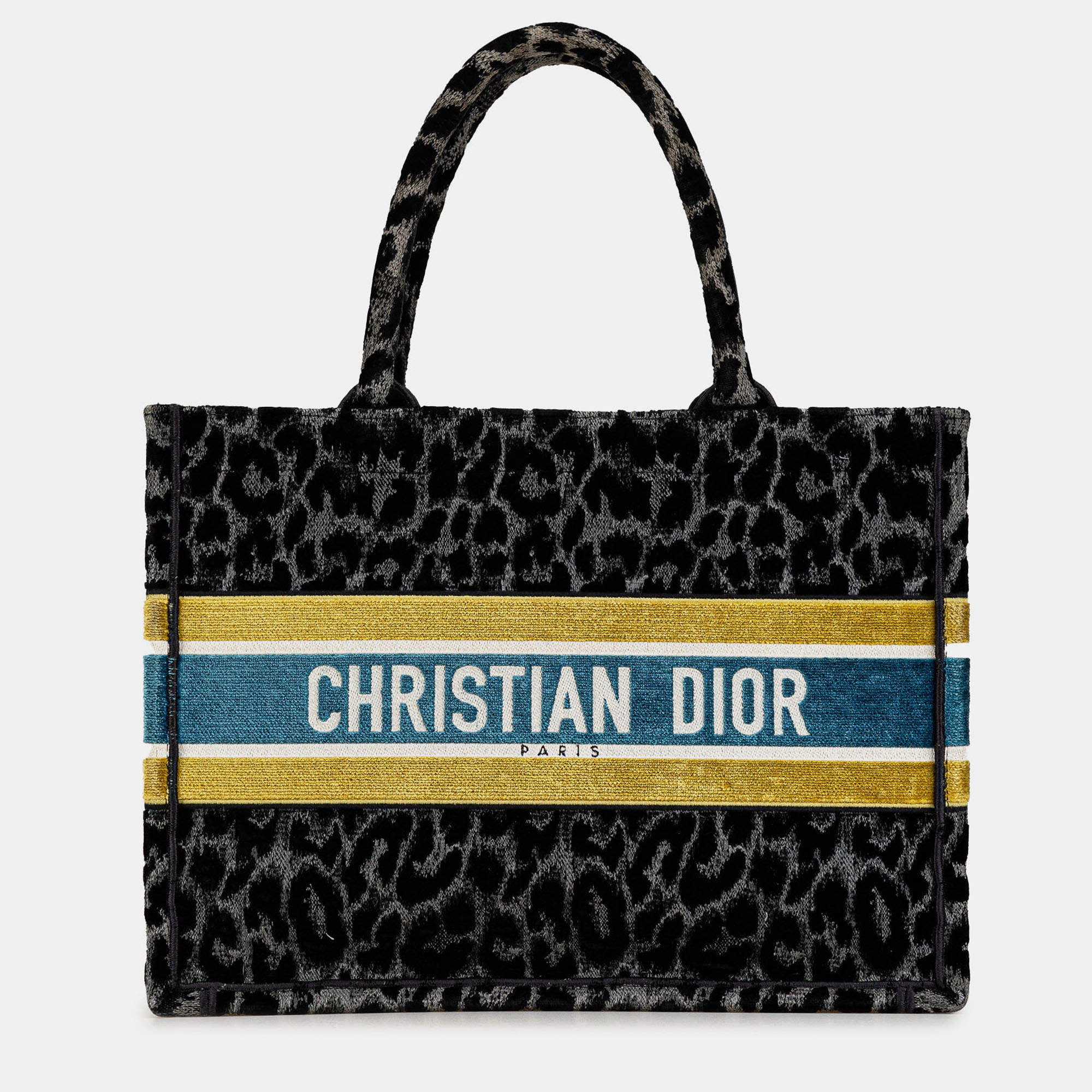 Pre Owned Dior Black Mizza Medium Embroidered Canvas Leopard Book Tote