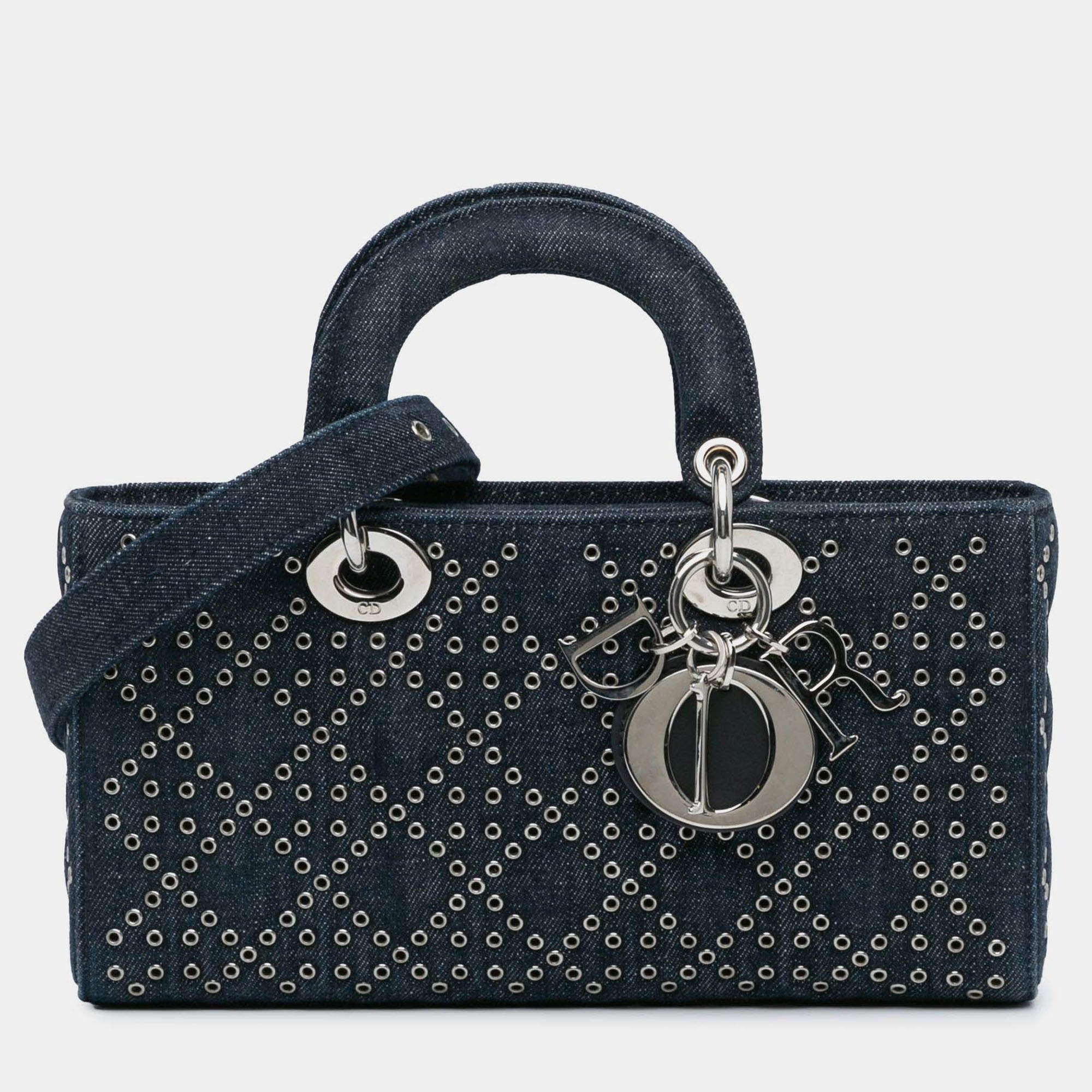 Pre Owned Dior Blue Medium Denim Cannage Eyelet Lady D Joy