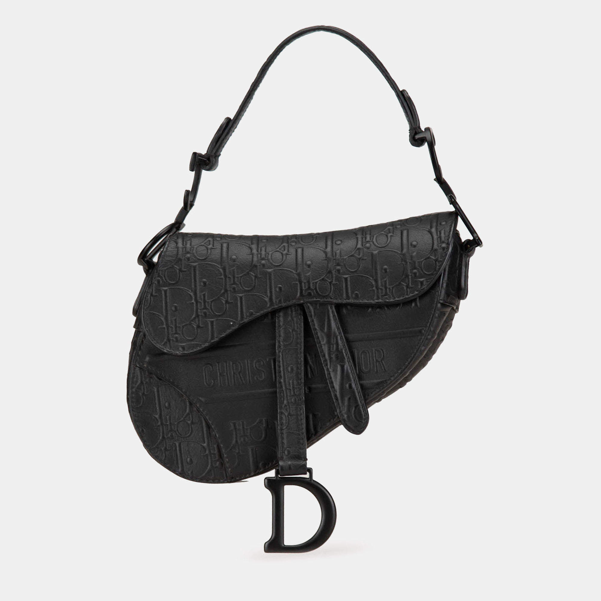 Pre Owned Dior Black Mini Oblique Embossed Calfskin Saddle Bag