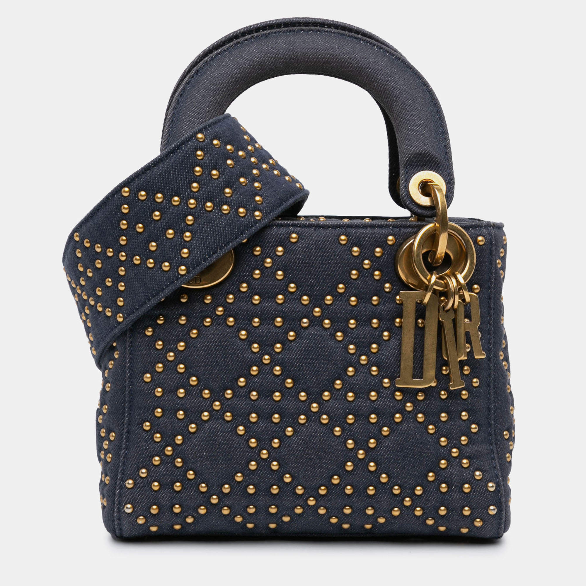 Pre Owned Dior Blue Mini Denim Cannage Studded Supple Lady Dior