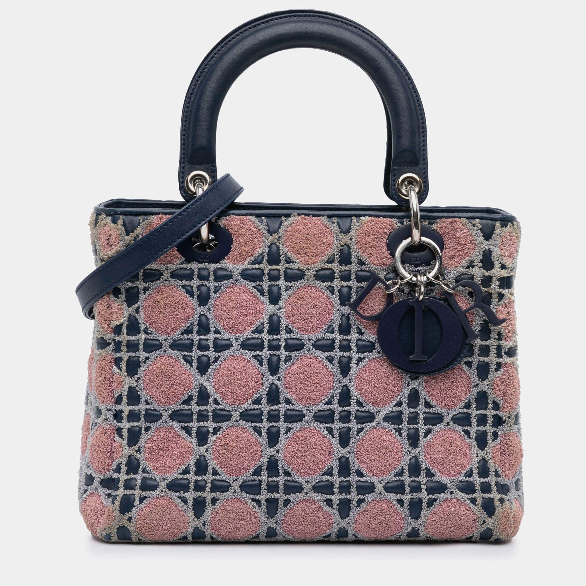 Pre Owned Dior Navy Blue Medium Lambskin And Tweed Cannage Lady Dior