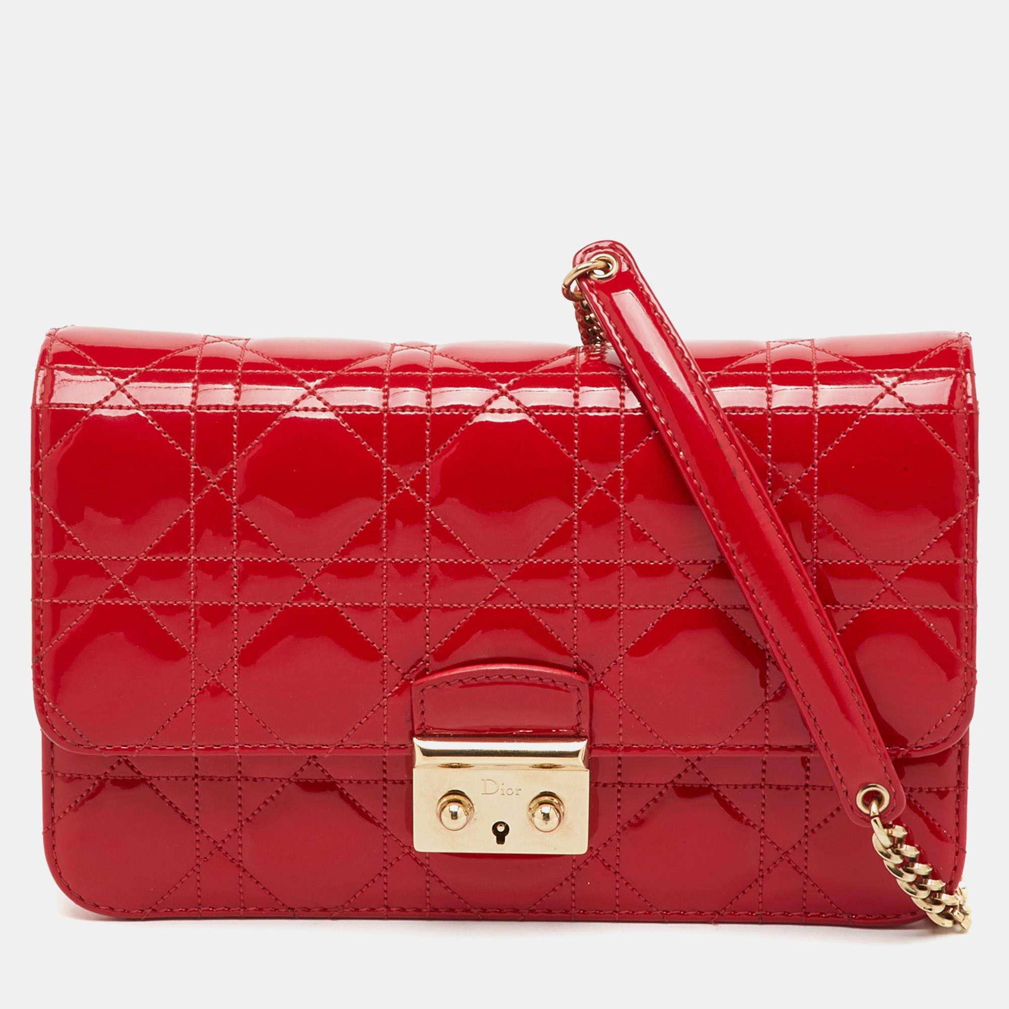 Pre Owned Dior Red Cannage Patent Leather Miss Dior Promenade Chain Bag