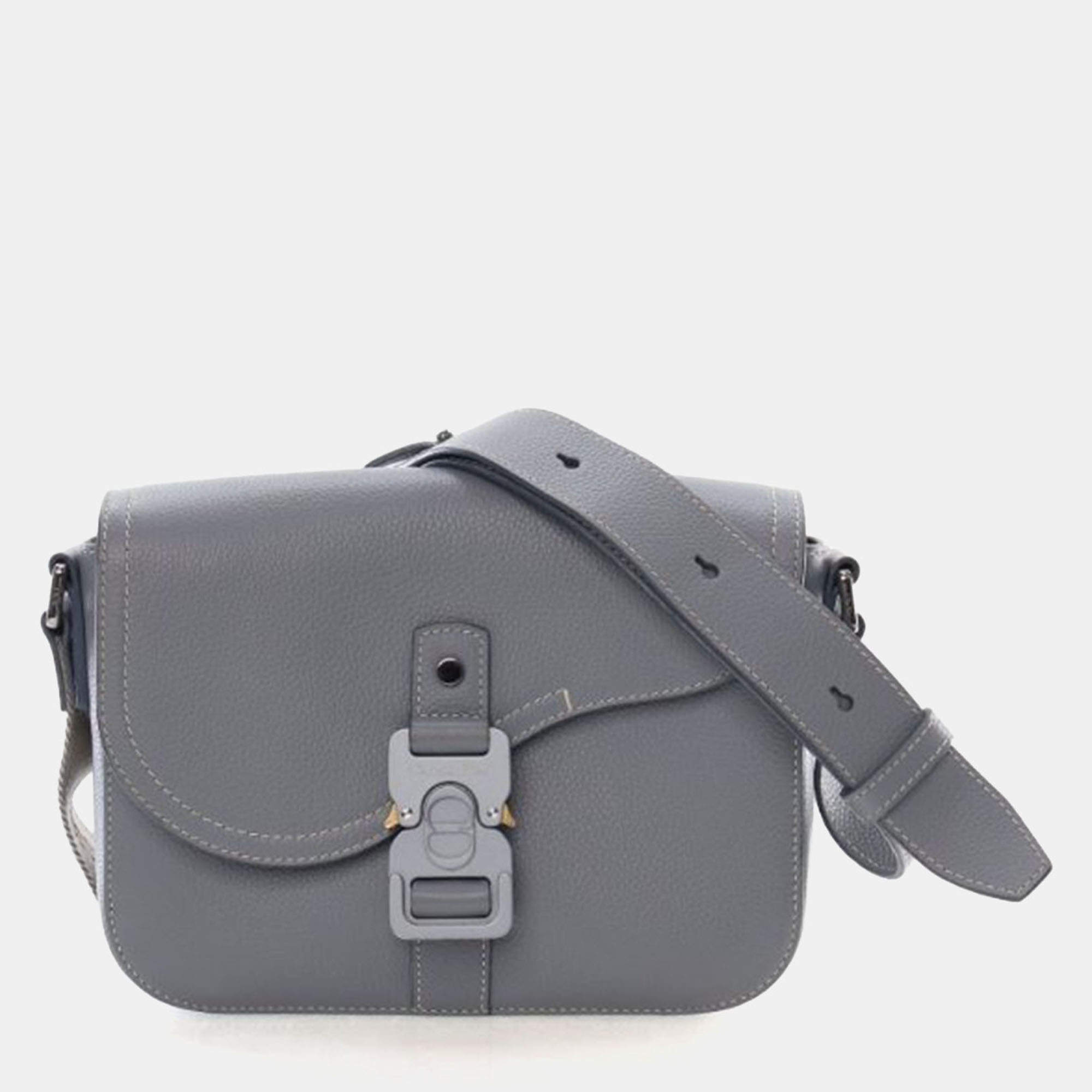 Pre Owned Dior Small Grey Calfskin Saddle Messenger Bag