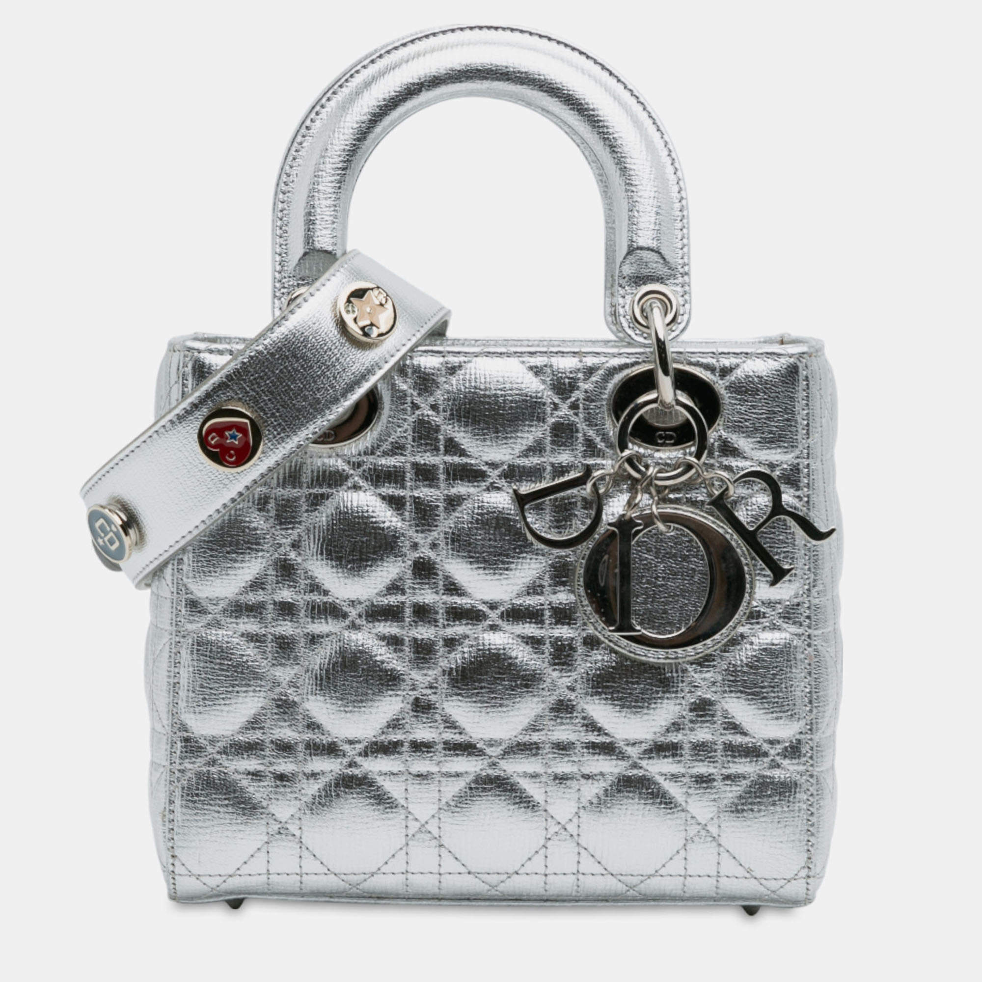 Pre Owned Dior Silver Small Metallic Grained Calfskin Cannage My ABCDior Lady Dior