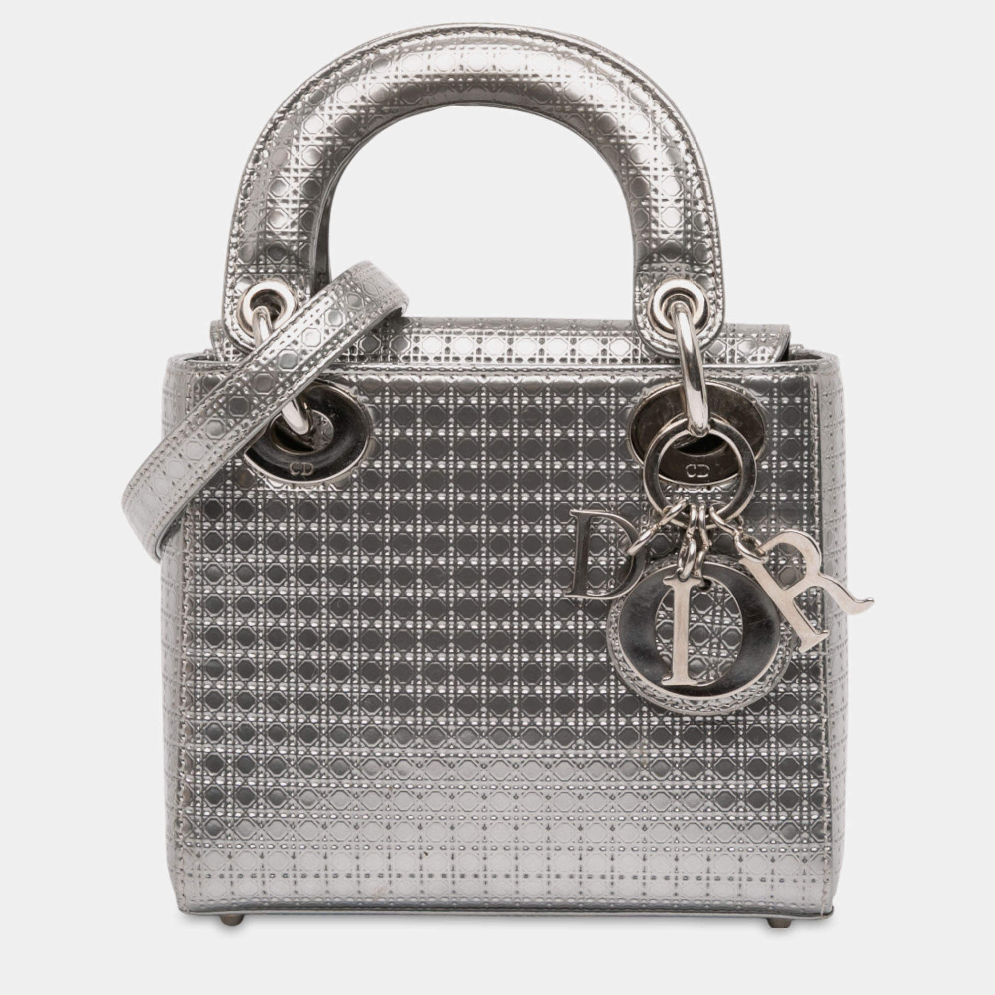 Pre Owned Dior Silver Mini Metallic Patent Microcannage Lady Dior
