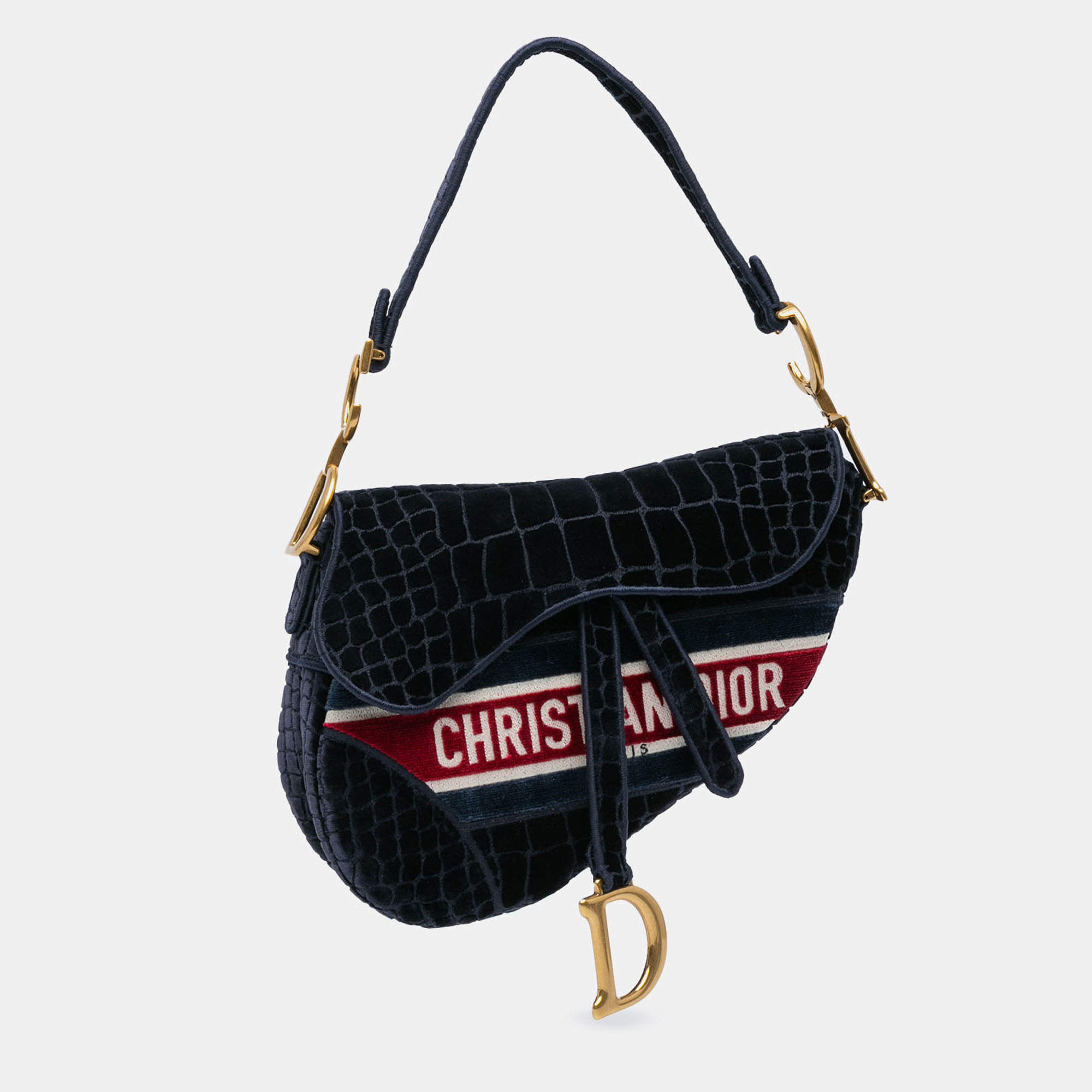 Pre Owned Dior Navy Blue Velvet Embroidered Crocodile Effect Saddle Bag