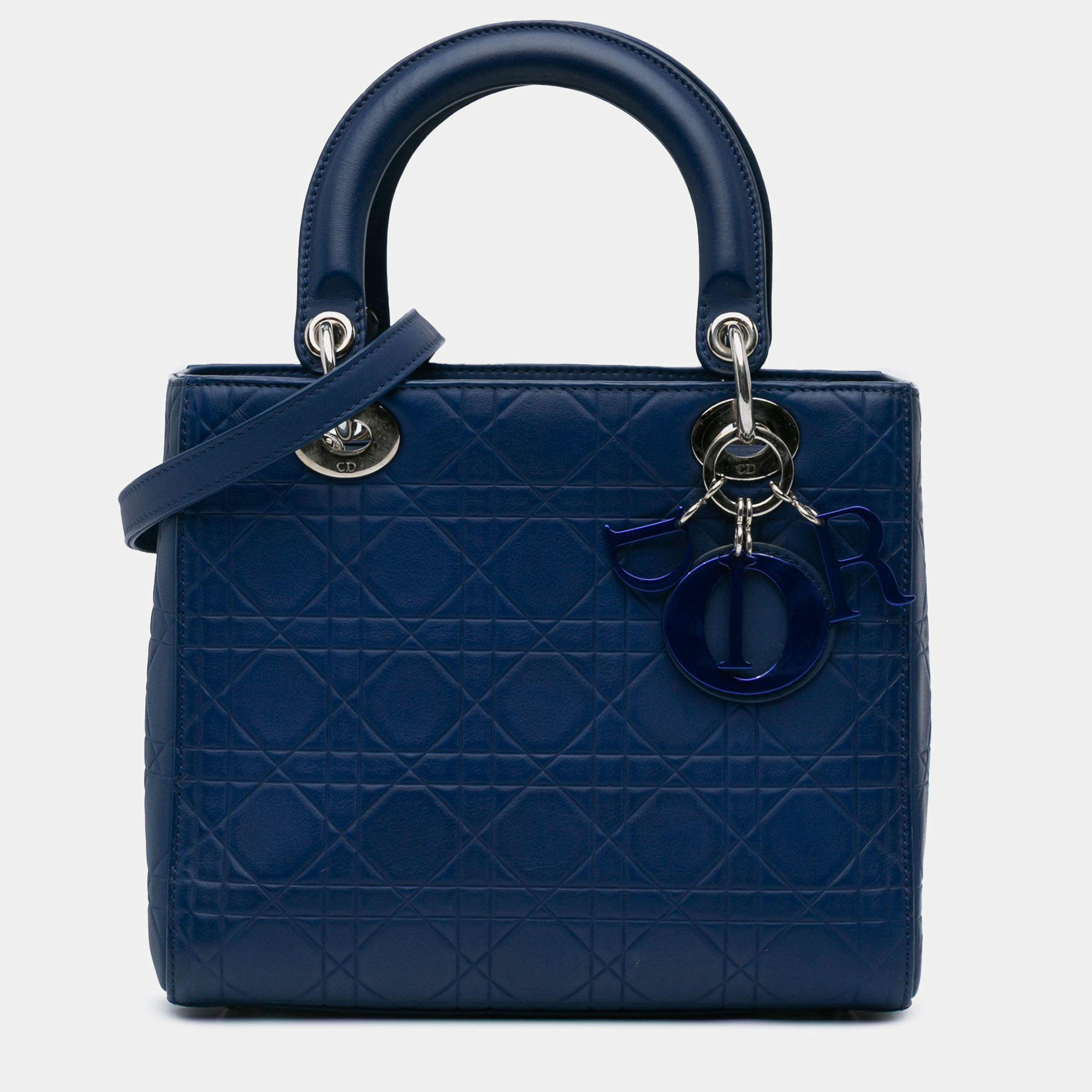 Pre Owned Dior Blue Medium Ultra Matte Calfskin Cannage Embossed Lady Dior
