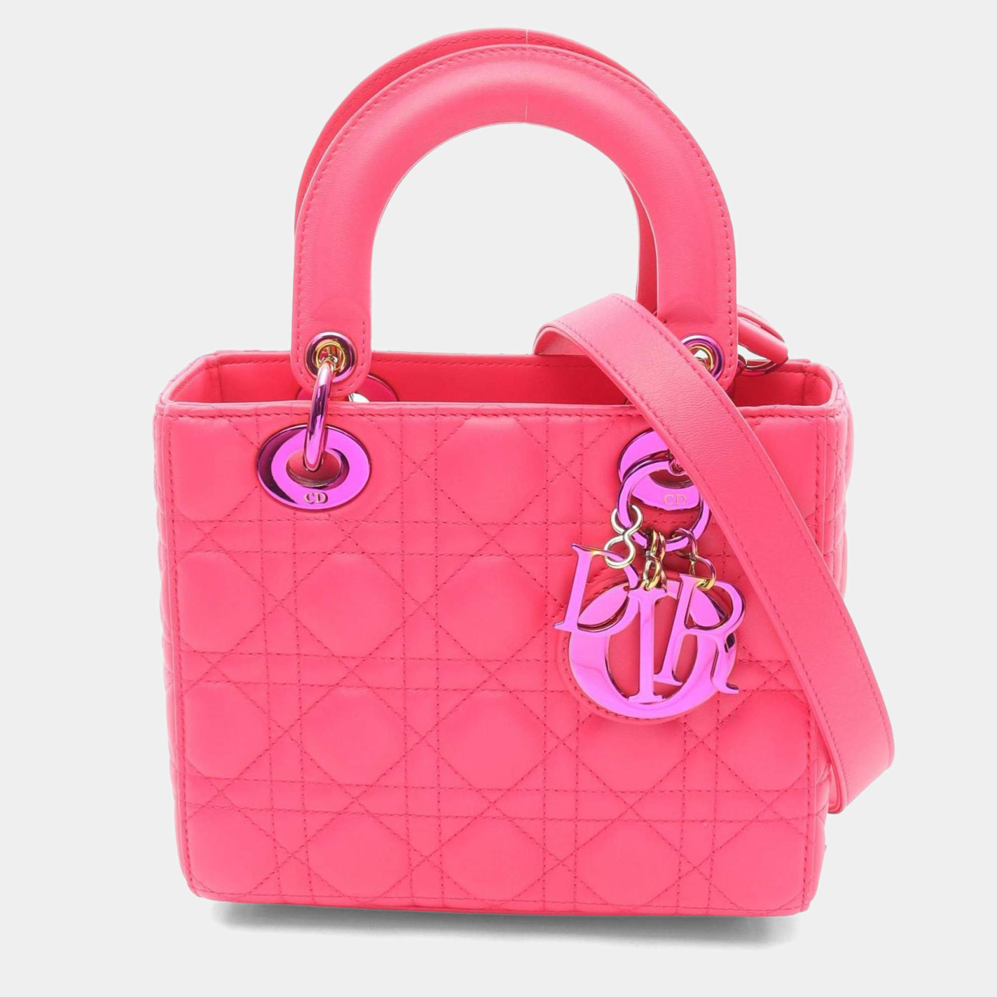 Pre Owned Christian Dior Dior Lady Small Cannage Handbag  Leather  Pink