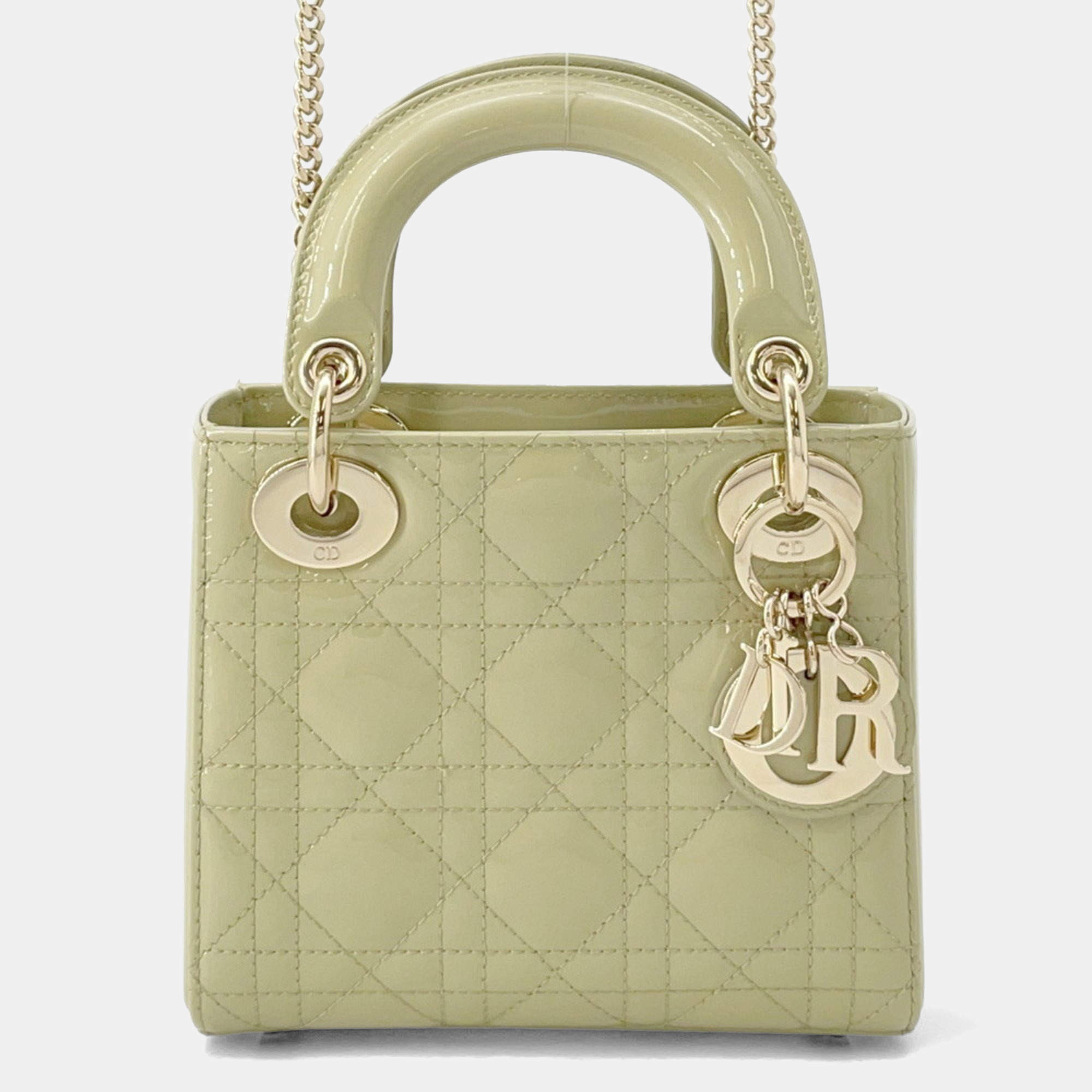 Pre Owned Christian Dior Lady Cannage Mini Green Patent Leather Handbag