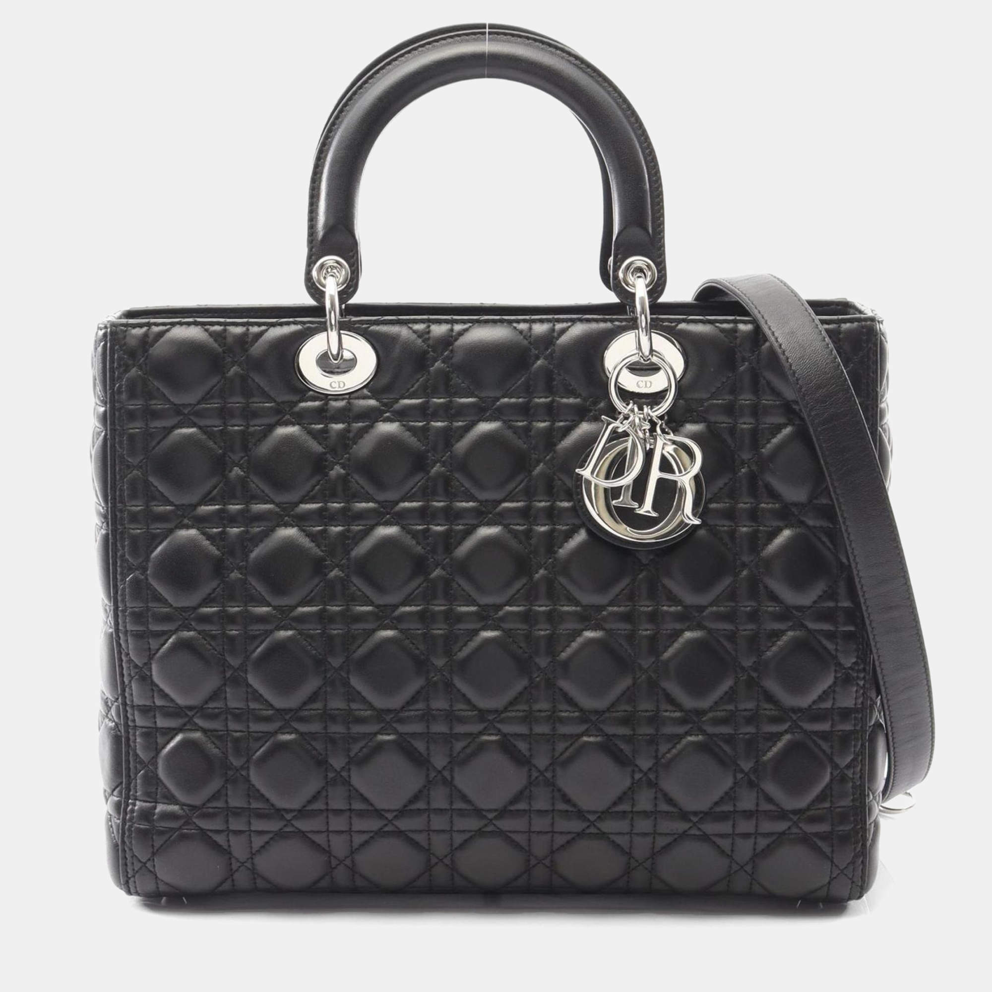 Pre Owned Christian Dior Dior Lady Large Cannage Black Leather Handbag  