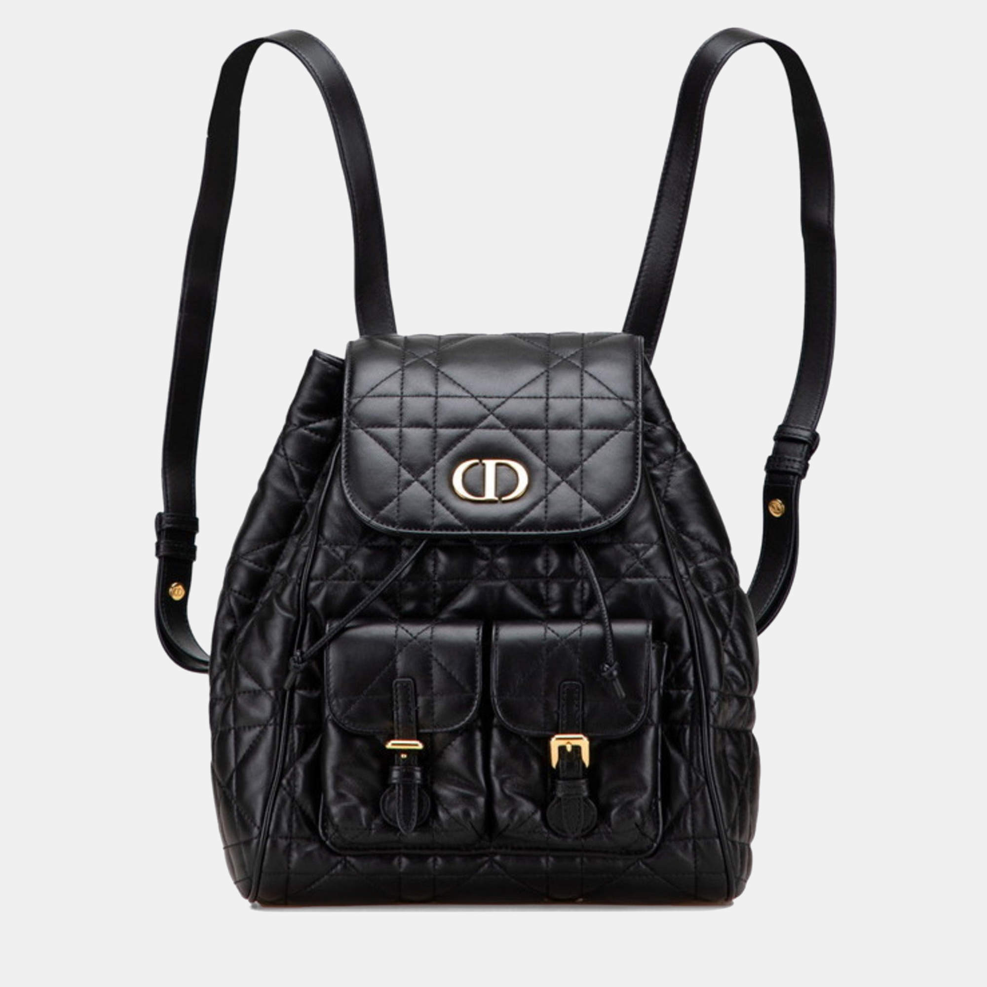 Pre Owned Christian Dior Dior Macrocannage Caro Medium Backpack In Black Leather