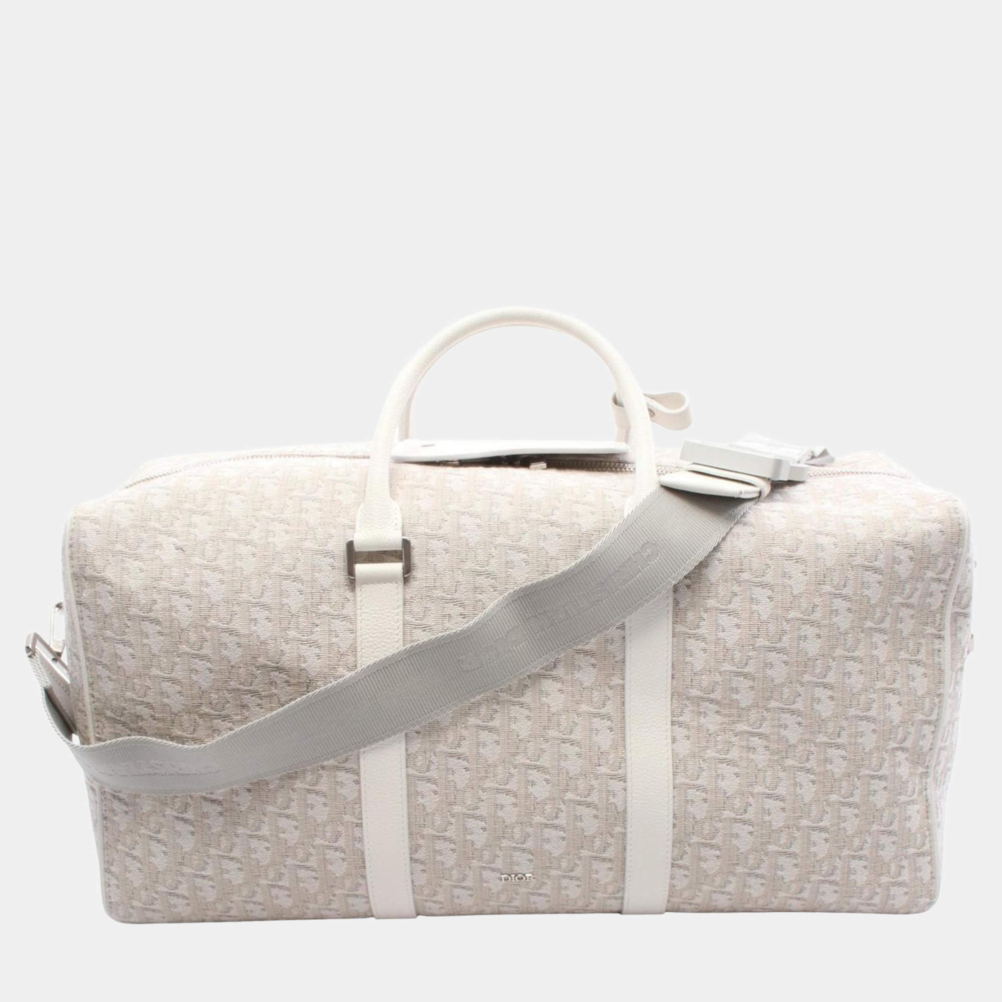 Pre Owned Christian Dior Dior Oblique Boston Bag  Canvas And Leather  White/Beige