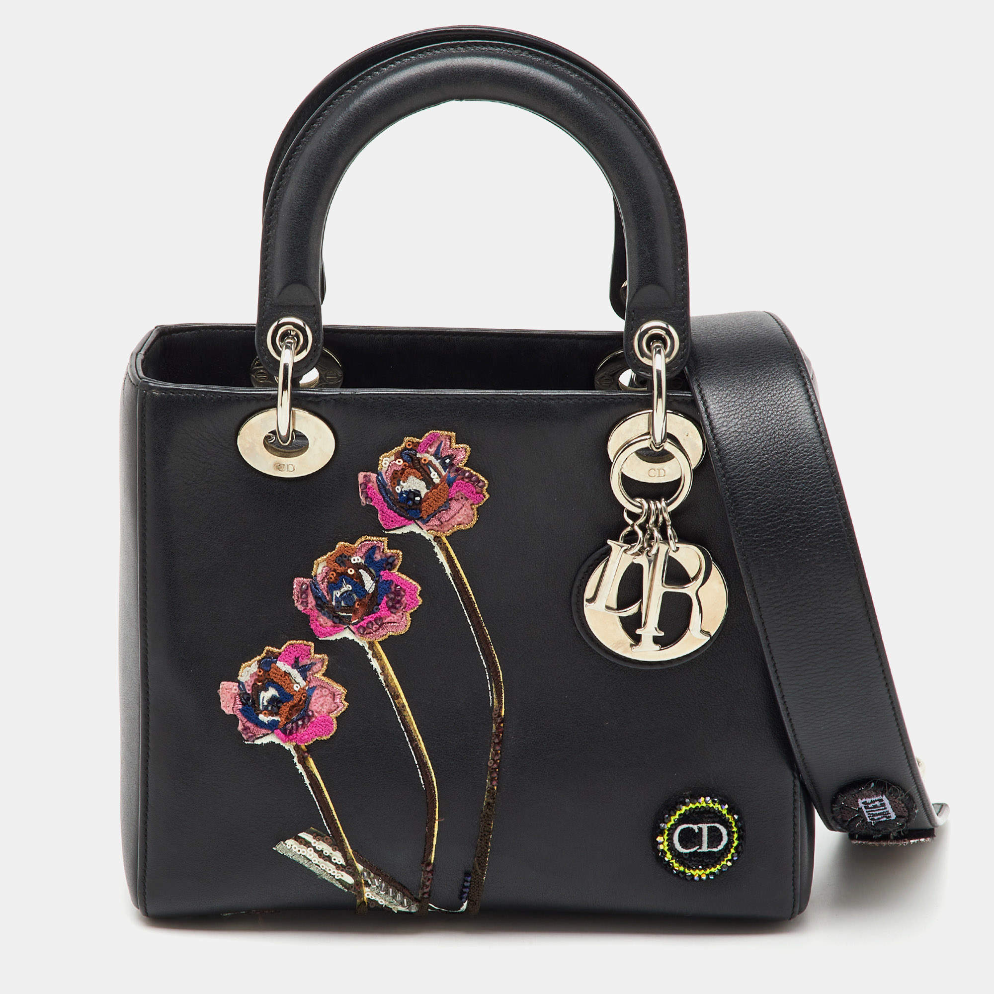 Pre Owned Dior Black Leather Flower Embroidered Medium Lady Dior Tote