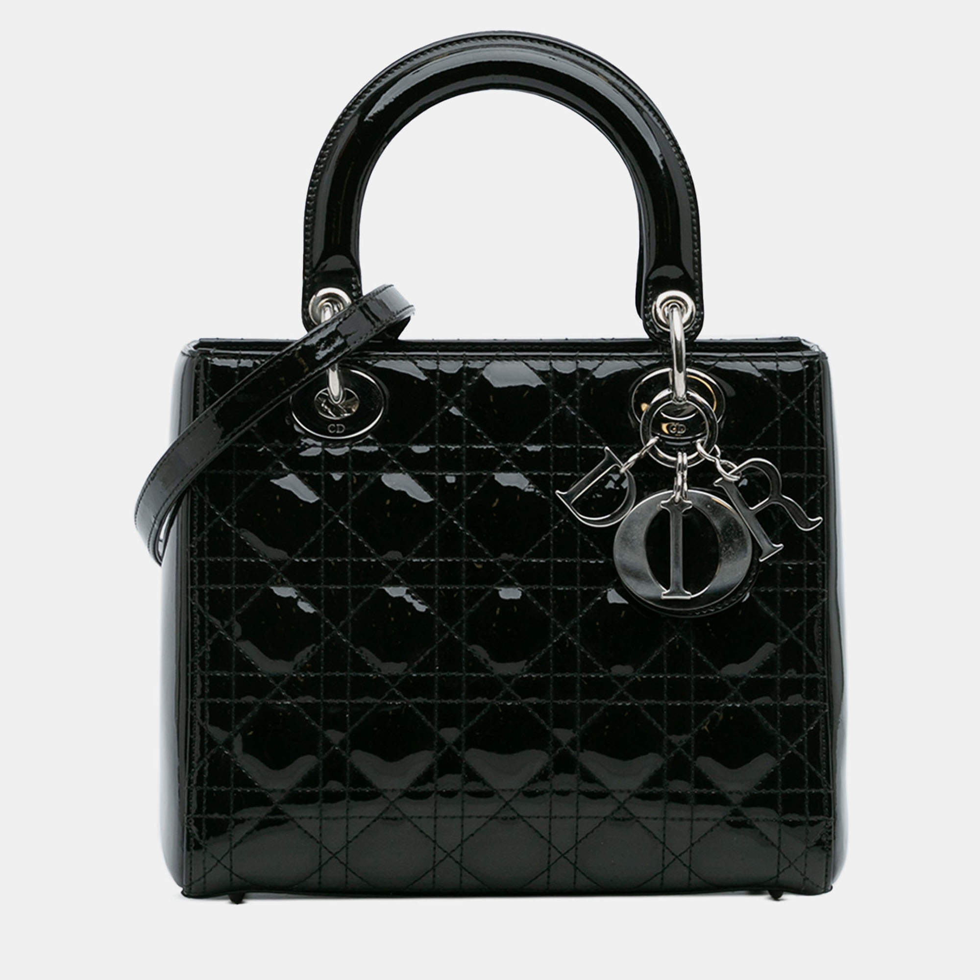 Pre Owned Dior Black Medium Patent Cannage Lady Dior