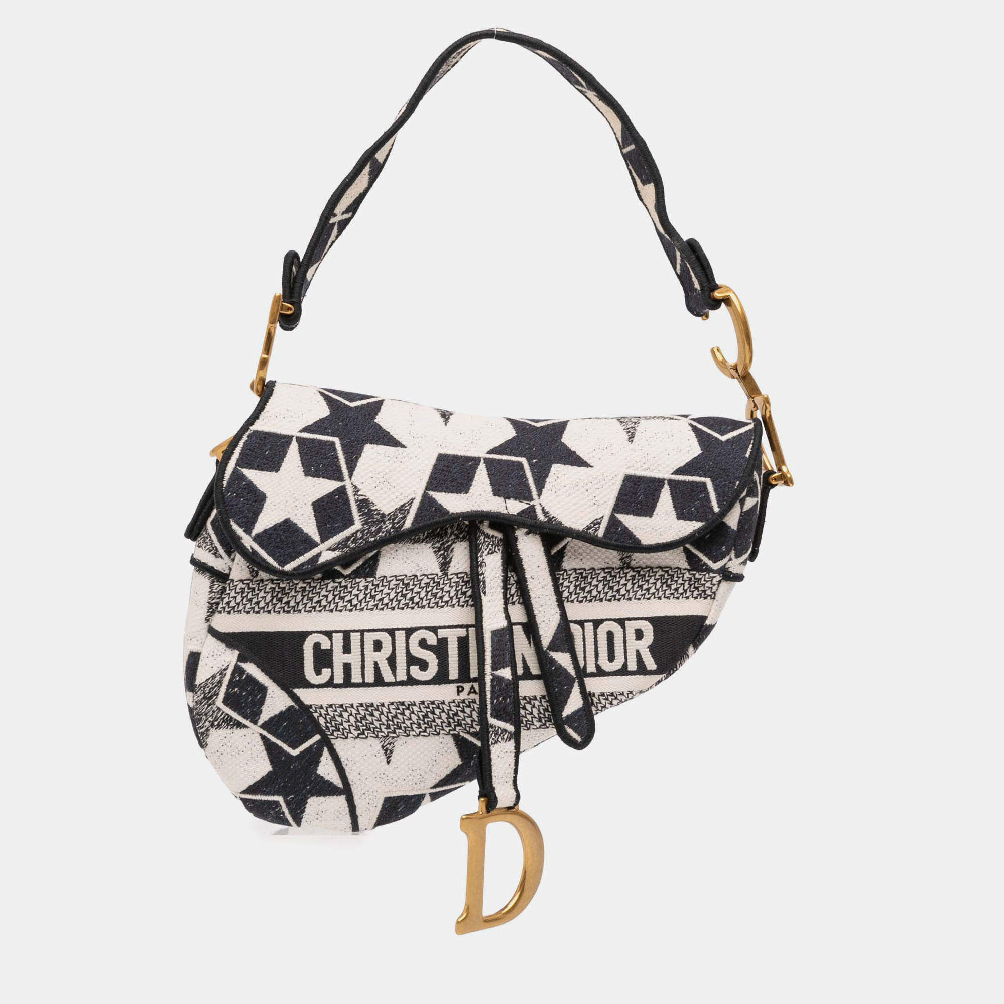 Pre Owned Dior Black/White Embroidered Canvas Stars Saddle Bag