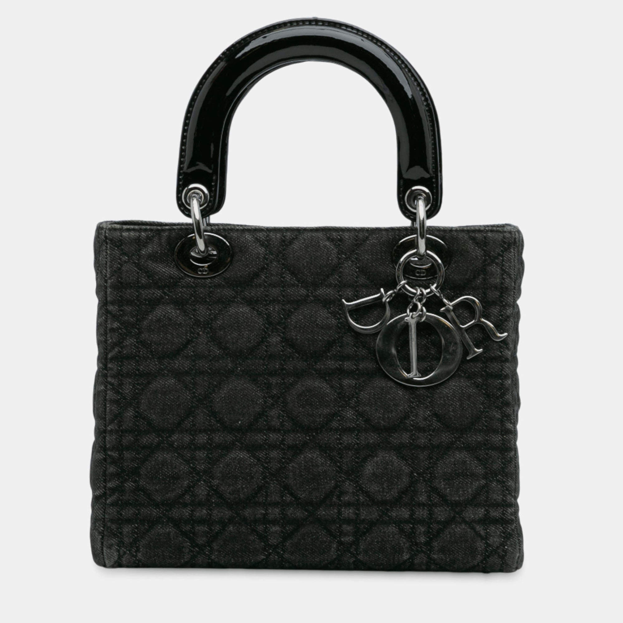 Pre Owned Dior Black Medium Denim Cannage Lady Dior