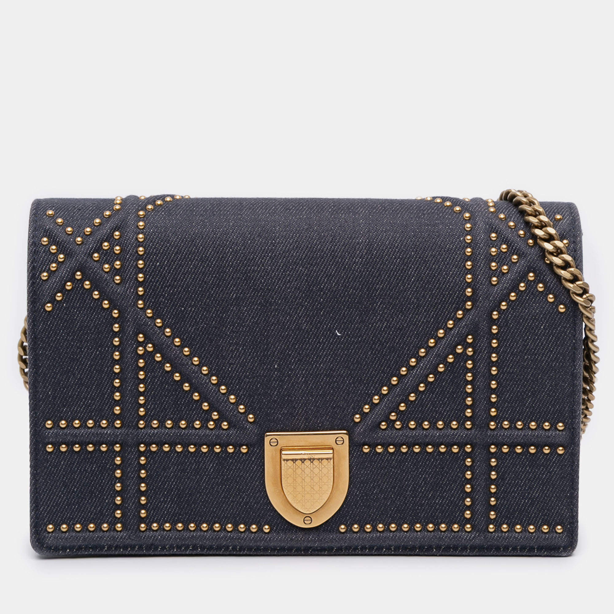 Pre Owned Dior Navy Blue Studded Denim Diorama Wallet on Chain