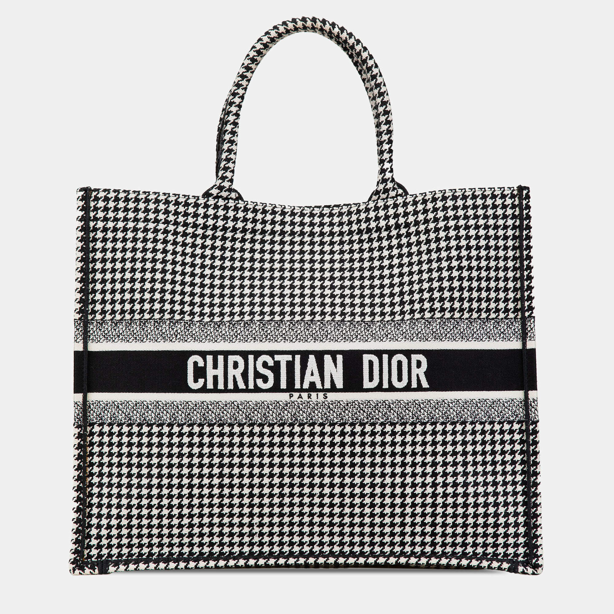 Pre Owned Dior Black Large Canvas Houndstooth Embroidered Book Tote