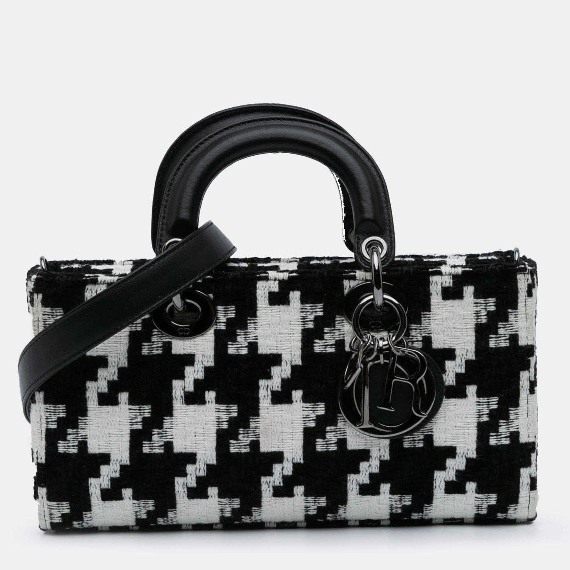 Pre Owned Dior Black Medium Canvas Macro Houndstooth Lady D Joy