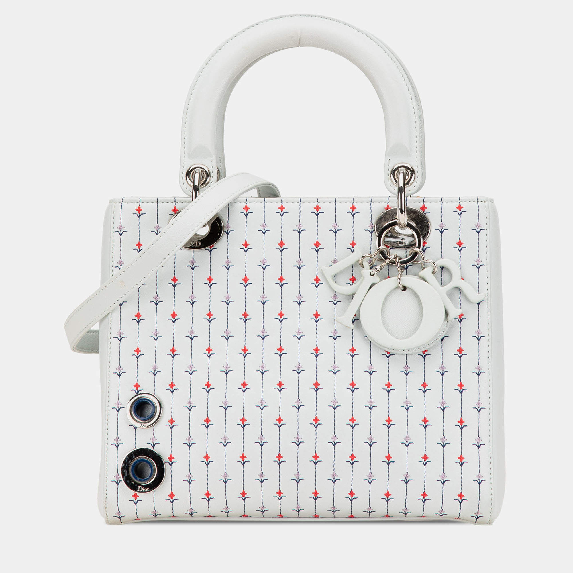 Pre Owned Dior White Medium Calfskin Embroidered Flower Lady Dior