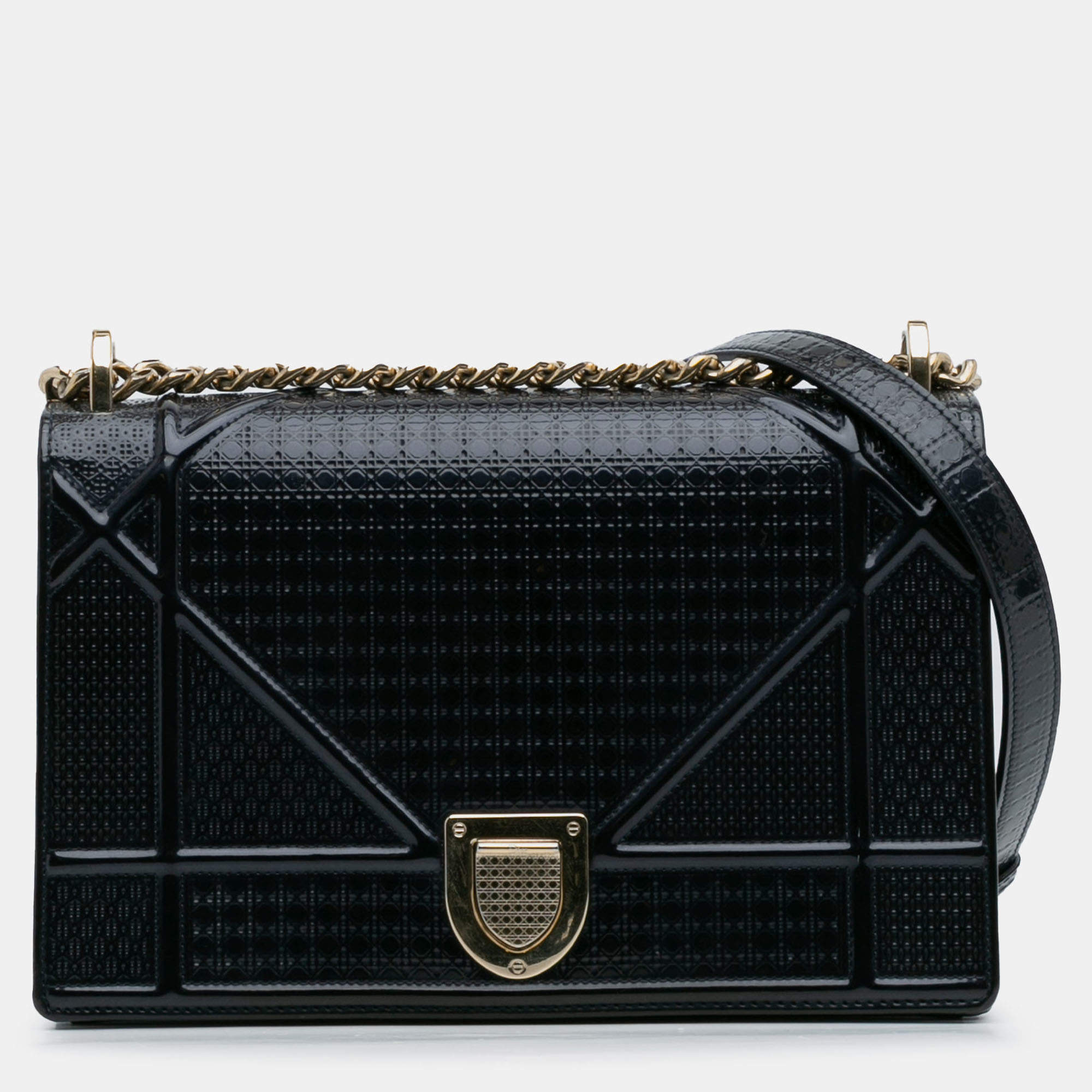 Pre Owned Dior Navy Blue Medium Patent Microcannage Diorama Flap