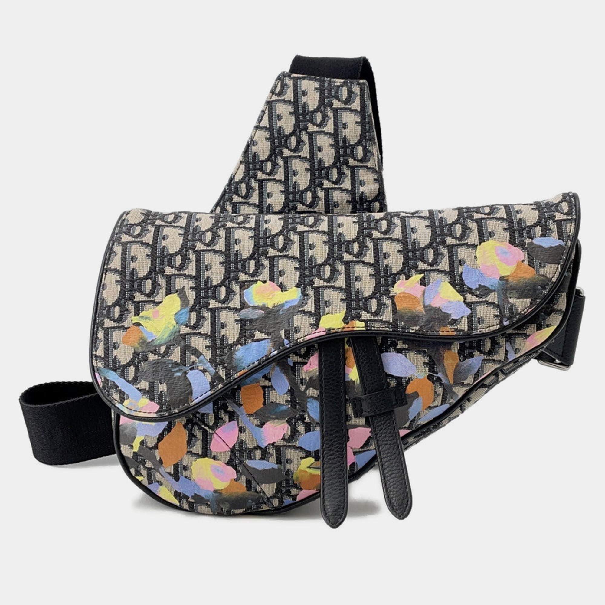 Pre Owned Dior Oblique Saddlebag By Alex Foxton Navy/Multicolor Canvas Leather