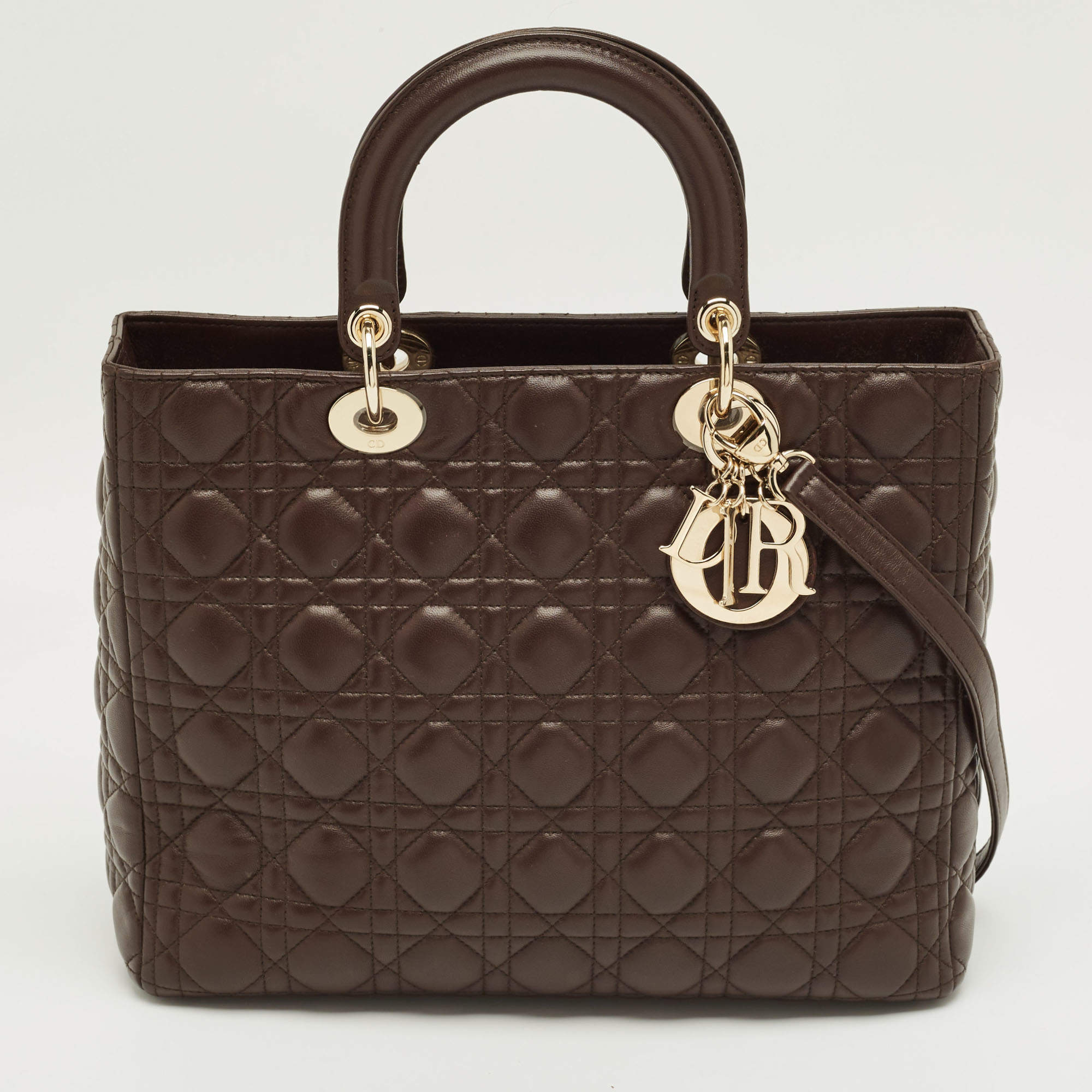 Pre Owned Dior Dark Brown Cannage Leather Large Lady Dior Tote