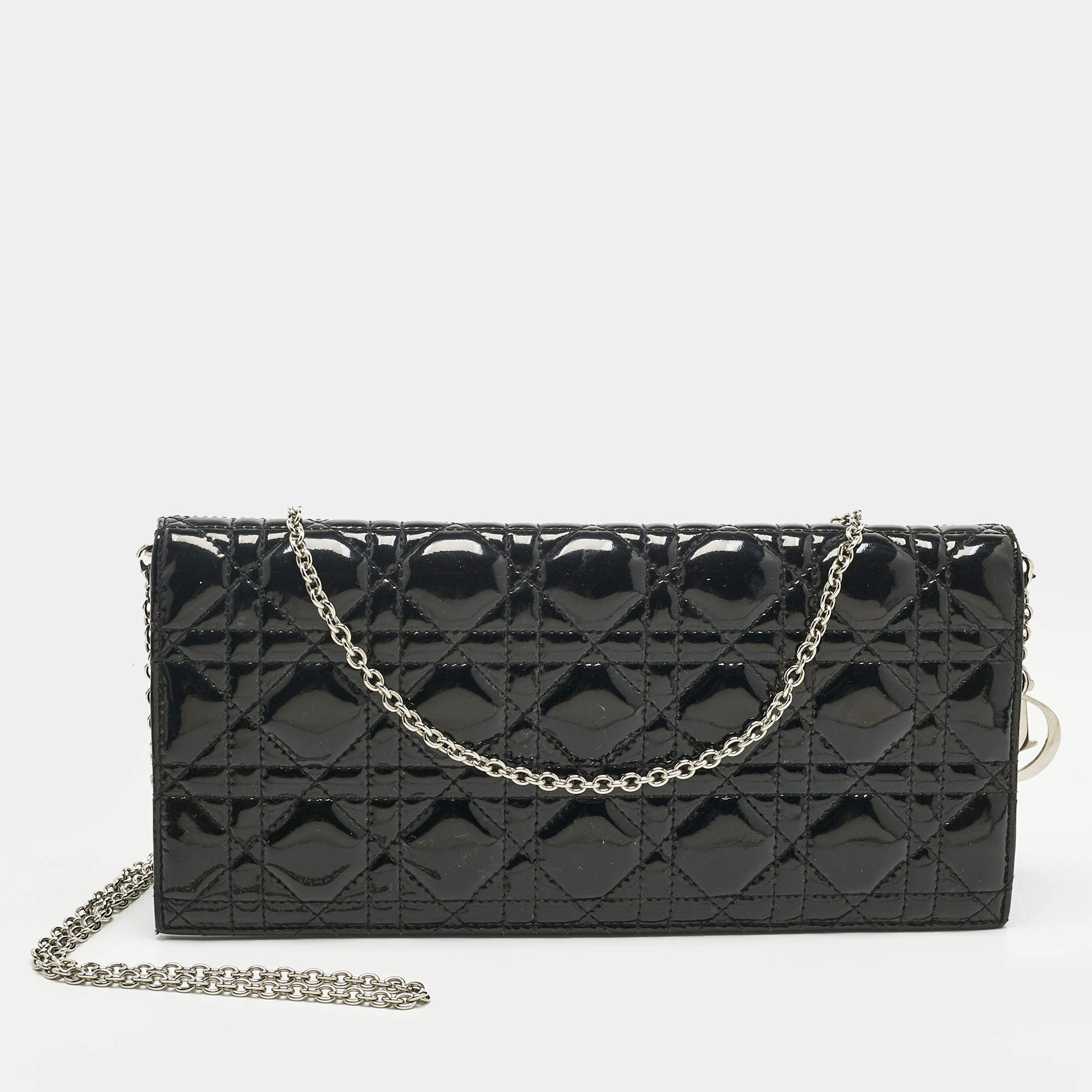 Pre Owned Dior Black Cannage Patent Leather Lady Dior Chain Clutch