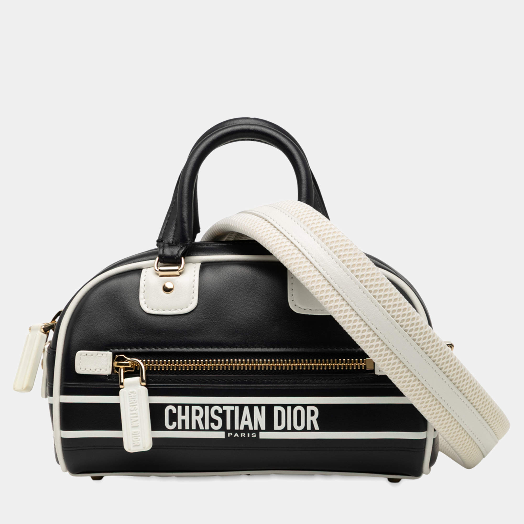 Pre Owned Dior Black White Micro Leather Dior Vibe Zip Bowling Bag