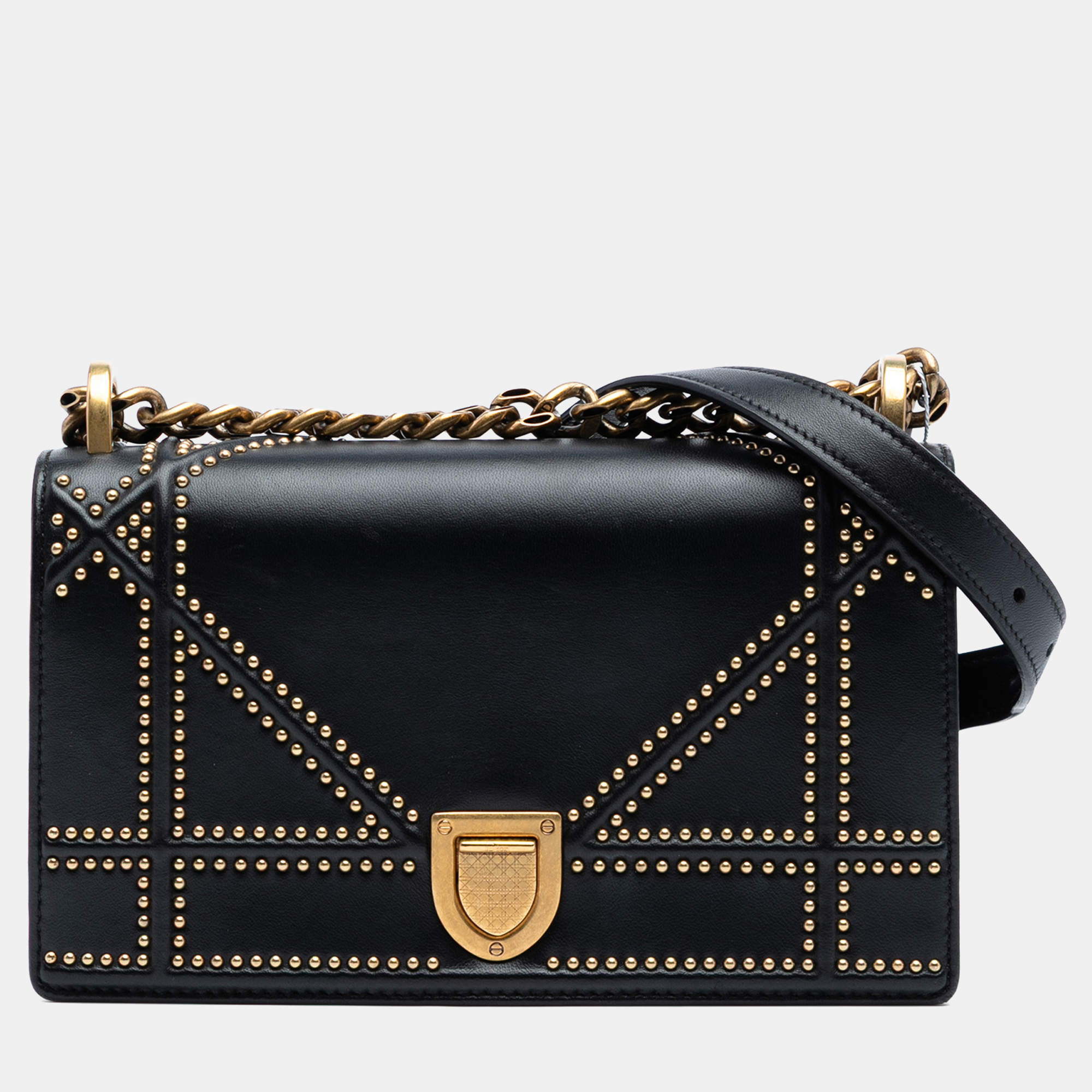 Pre Owned Dior Black Small Lambskin Studded Diorama Flap