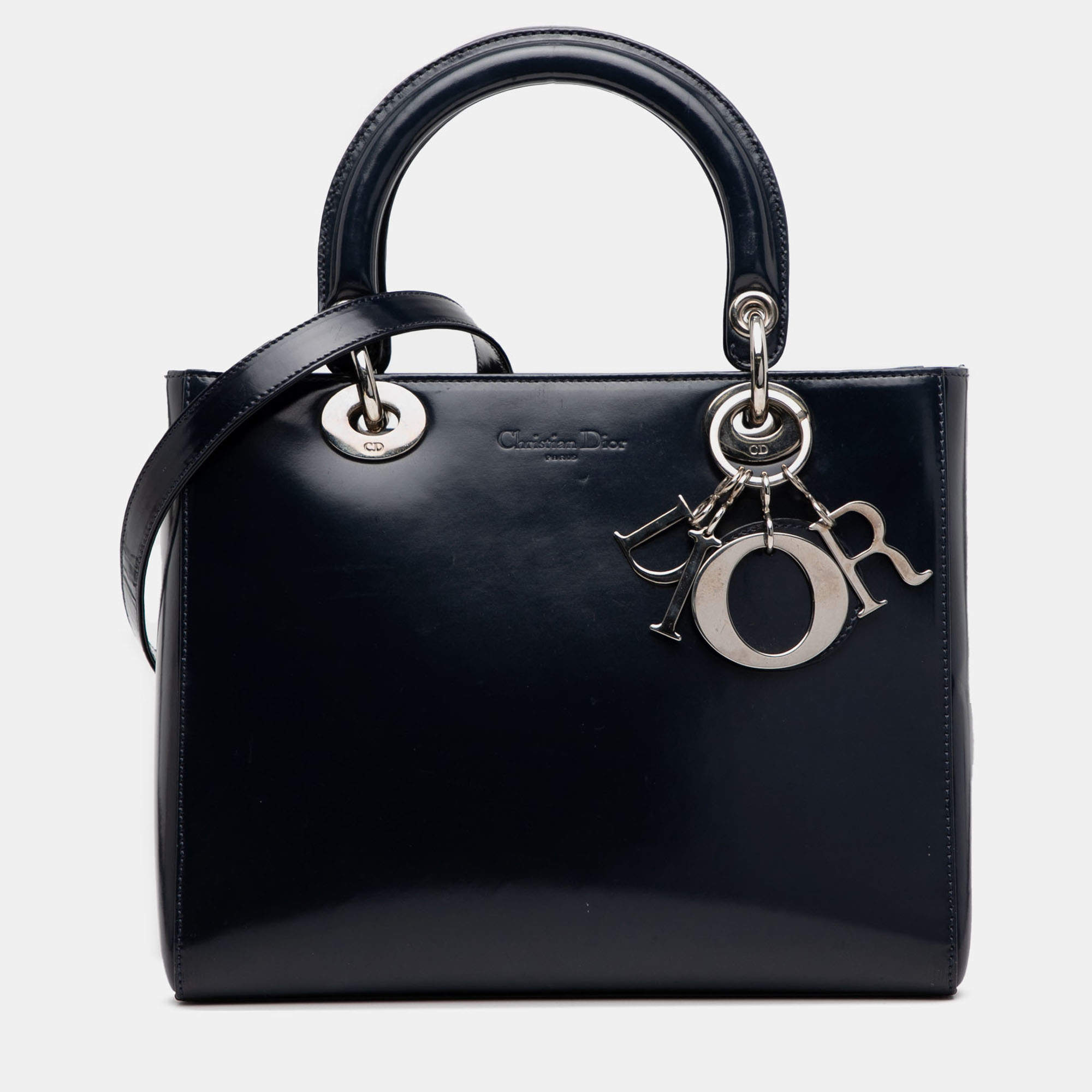 Pre Owned Dior Navy Blue Medium Glazed Calfskin Lady Dior