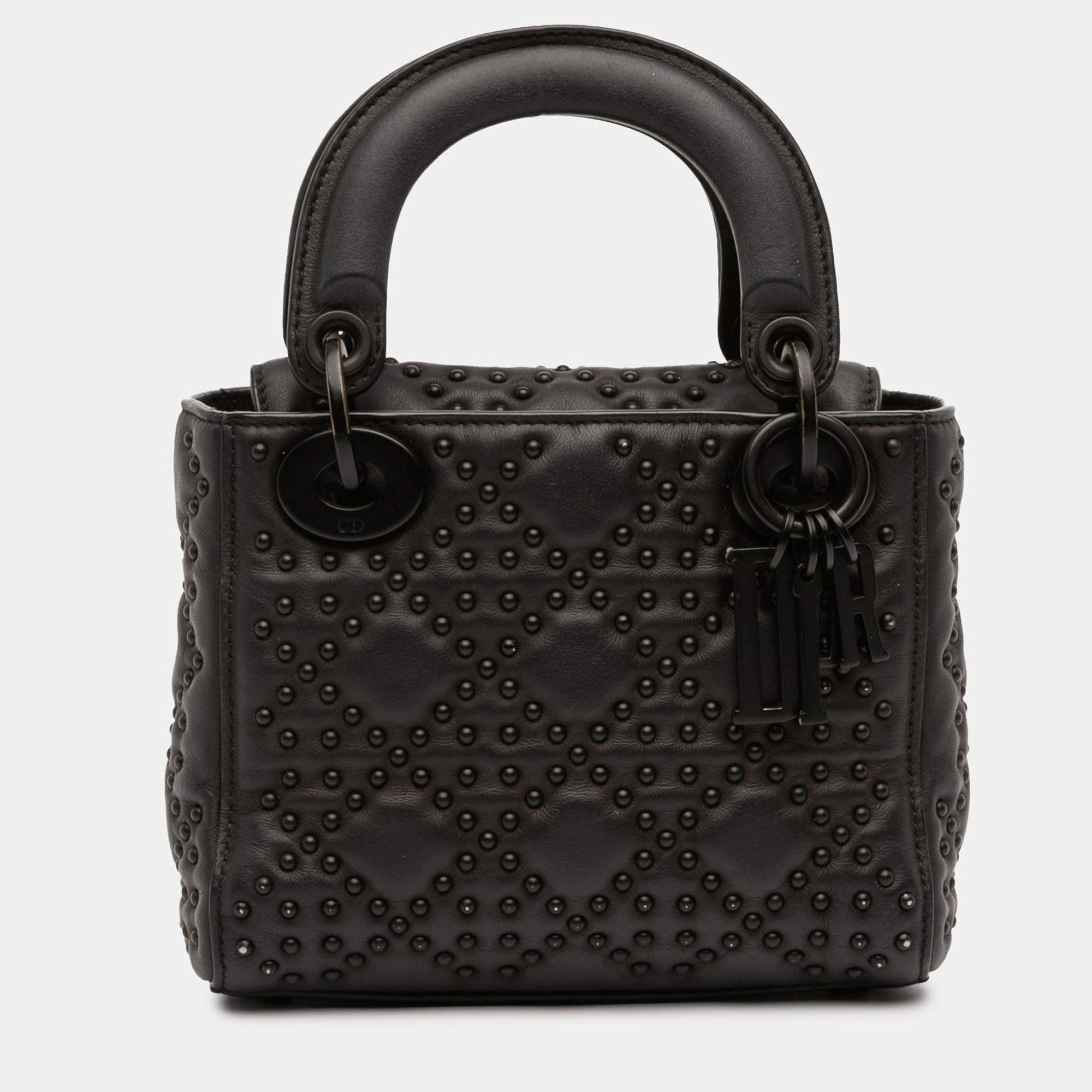 Pre Owned Dior Black Mini Ultra Matte Calfskin Cannage Studded Supple Lady Dior