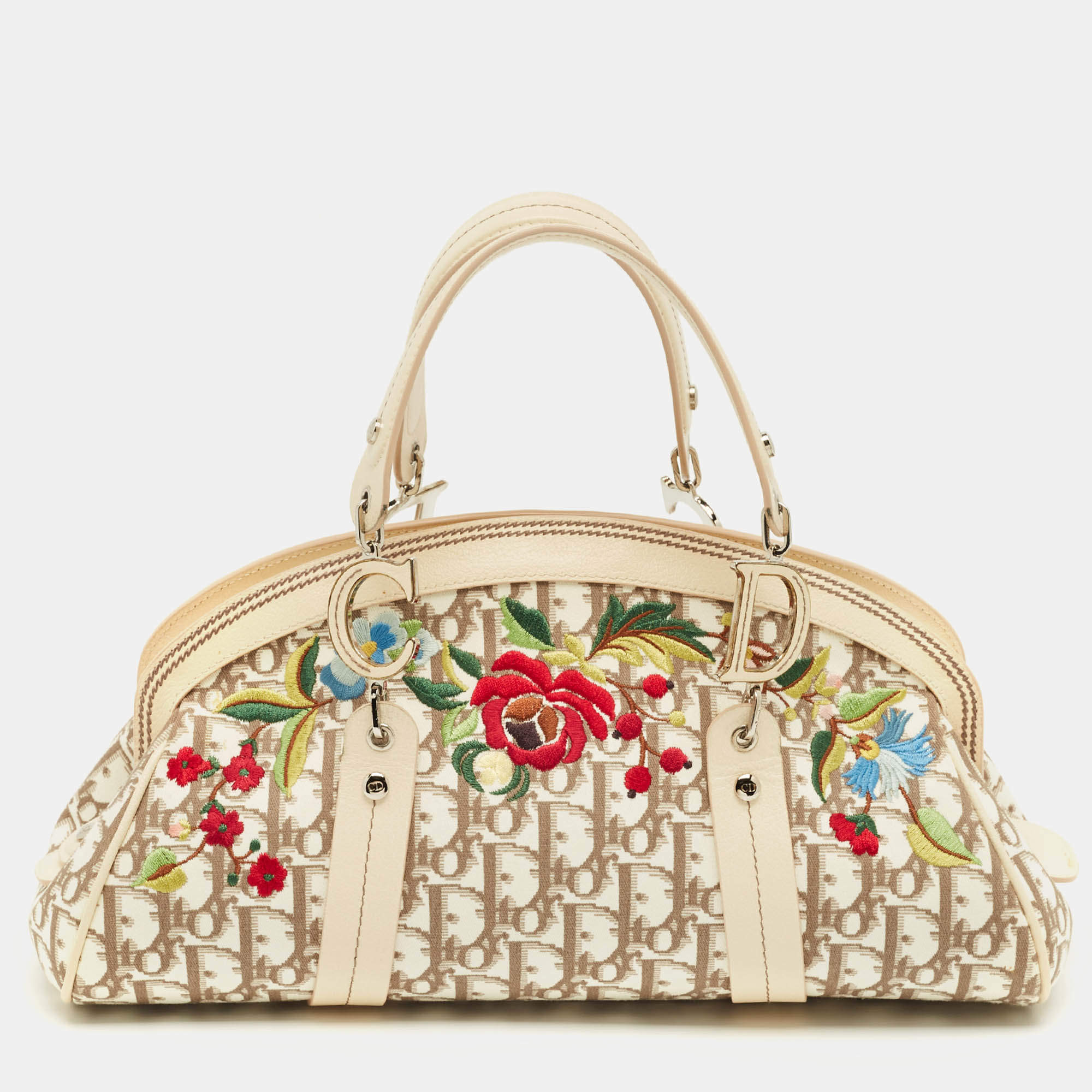 Pre Owned Dior Beige Diorissimo Fabric and Leather Floral Embroidered Frame Bag 