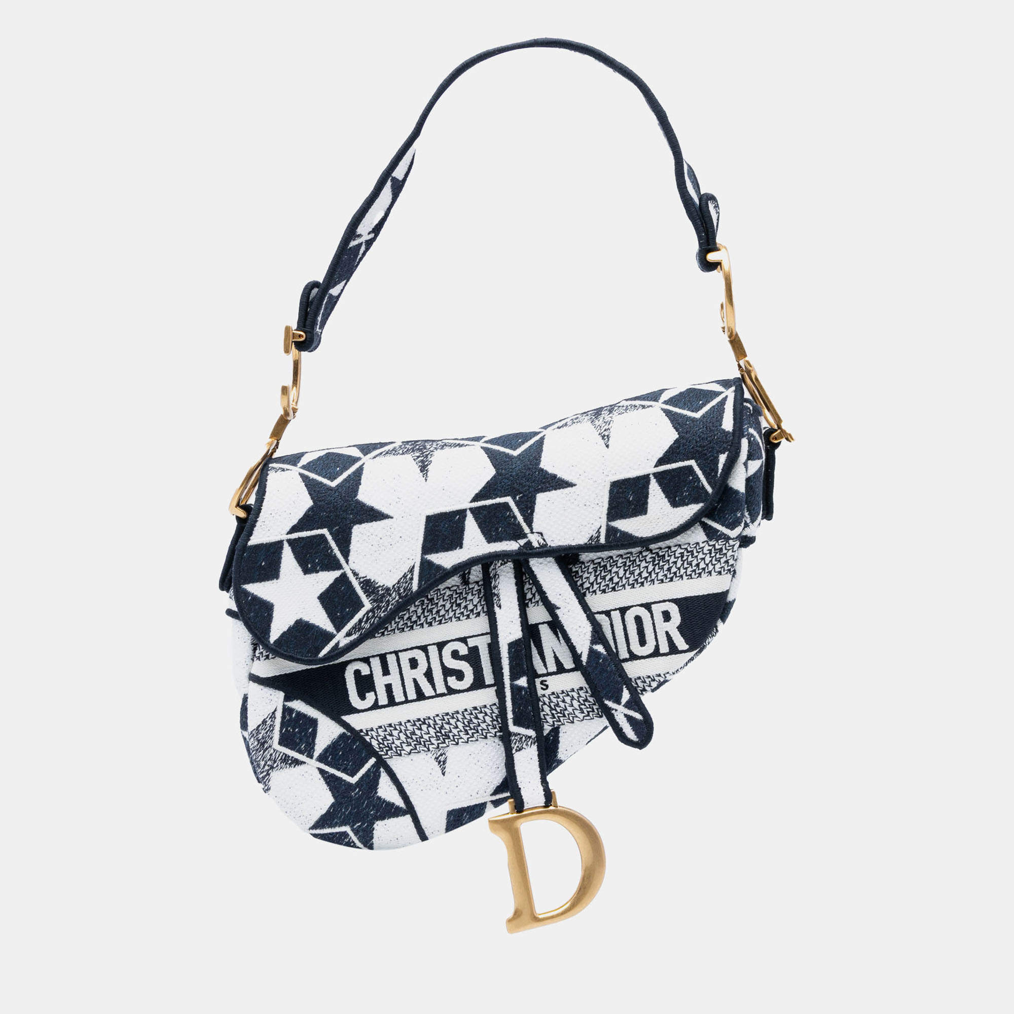Pre Owned Dior White Embroidered Canvas Stars Saddle Bag
