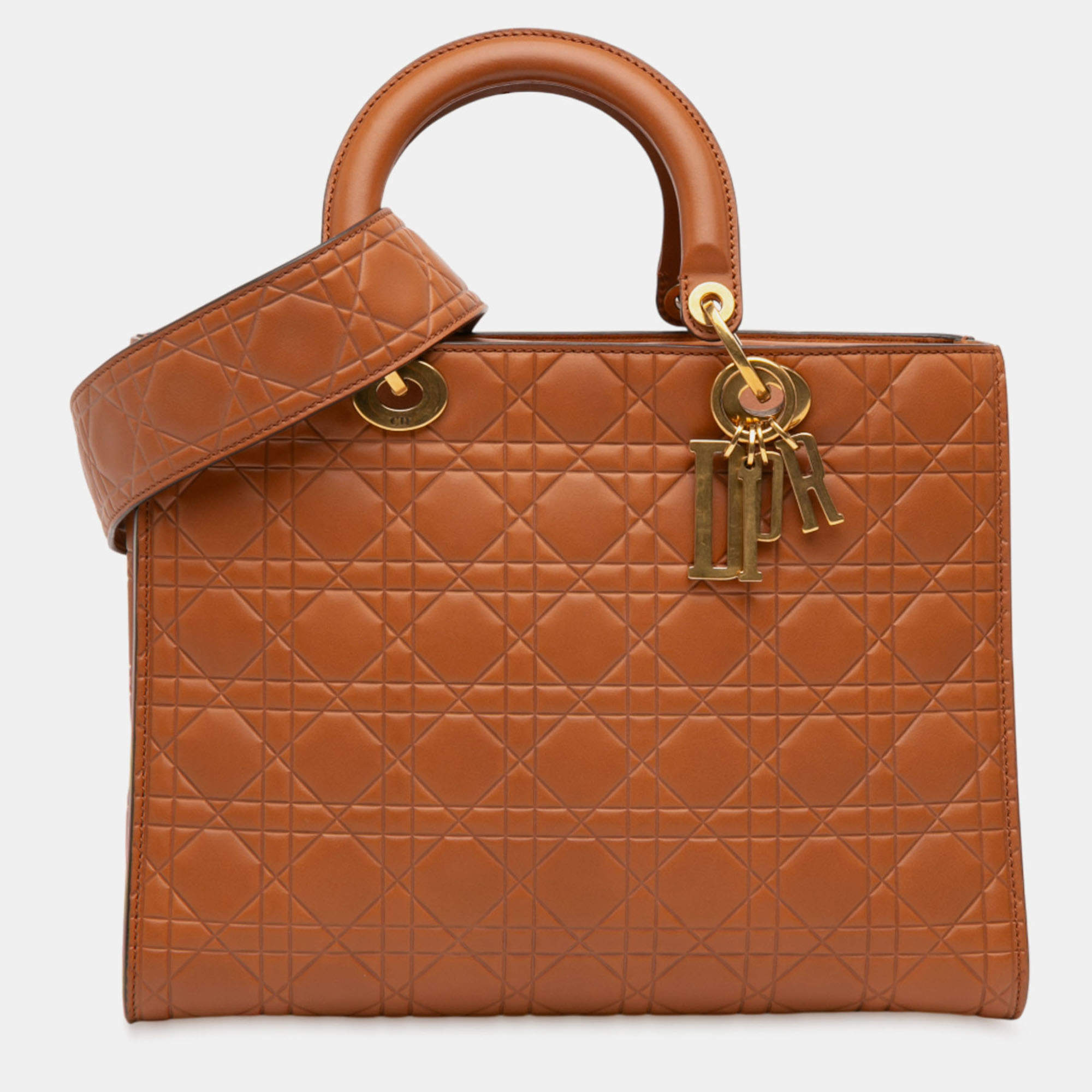 Pre Owned Dior Brown Large Ultra Matte Calfskin Cannage Embossed Lady Dior