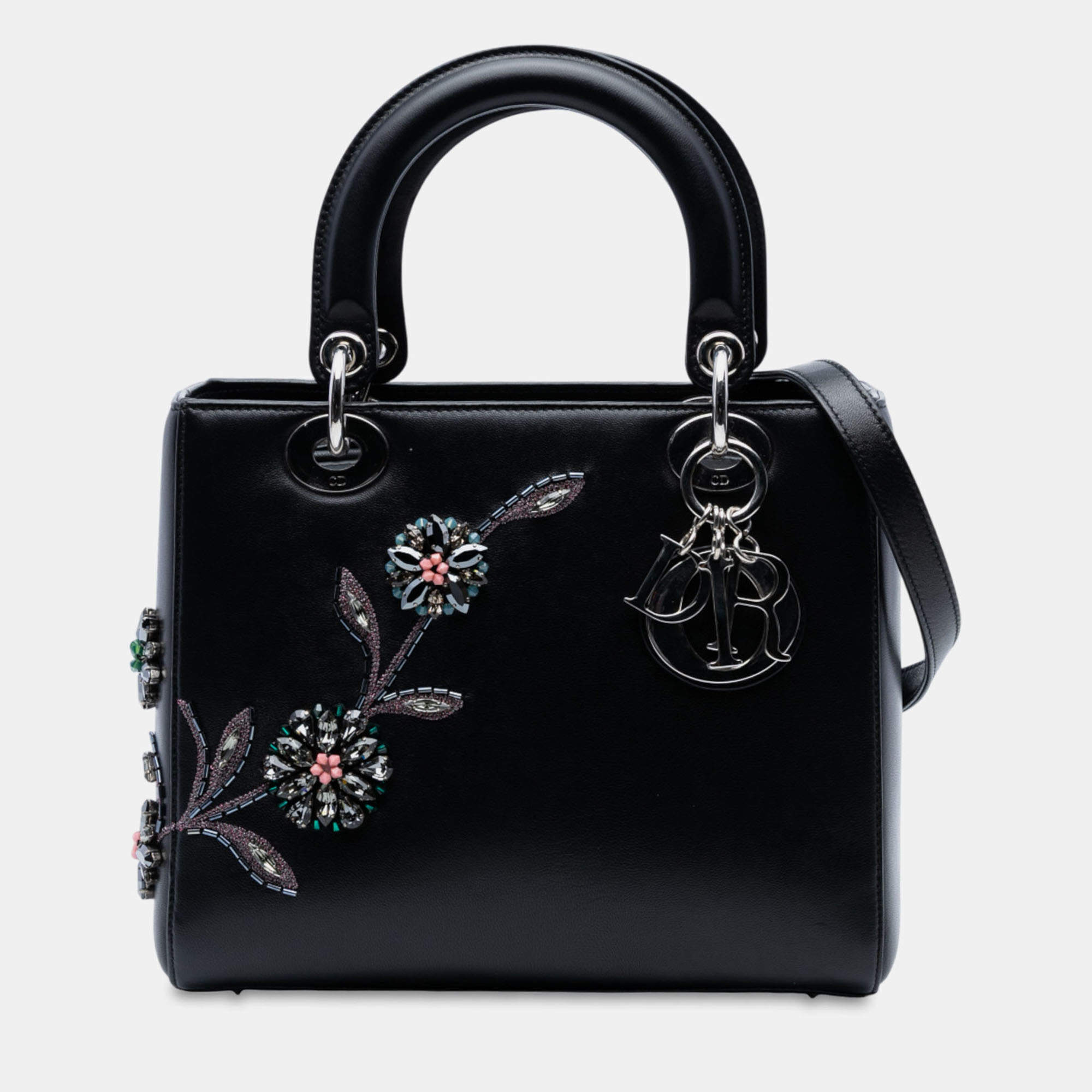 Pre Owned Dior Black Medium Smooth Calfskin Embroidered Beaded Floral Lady Dior
