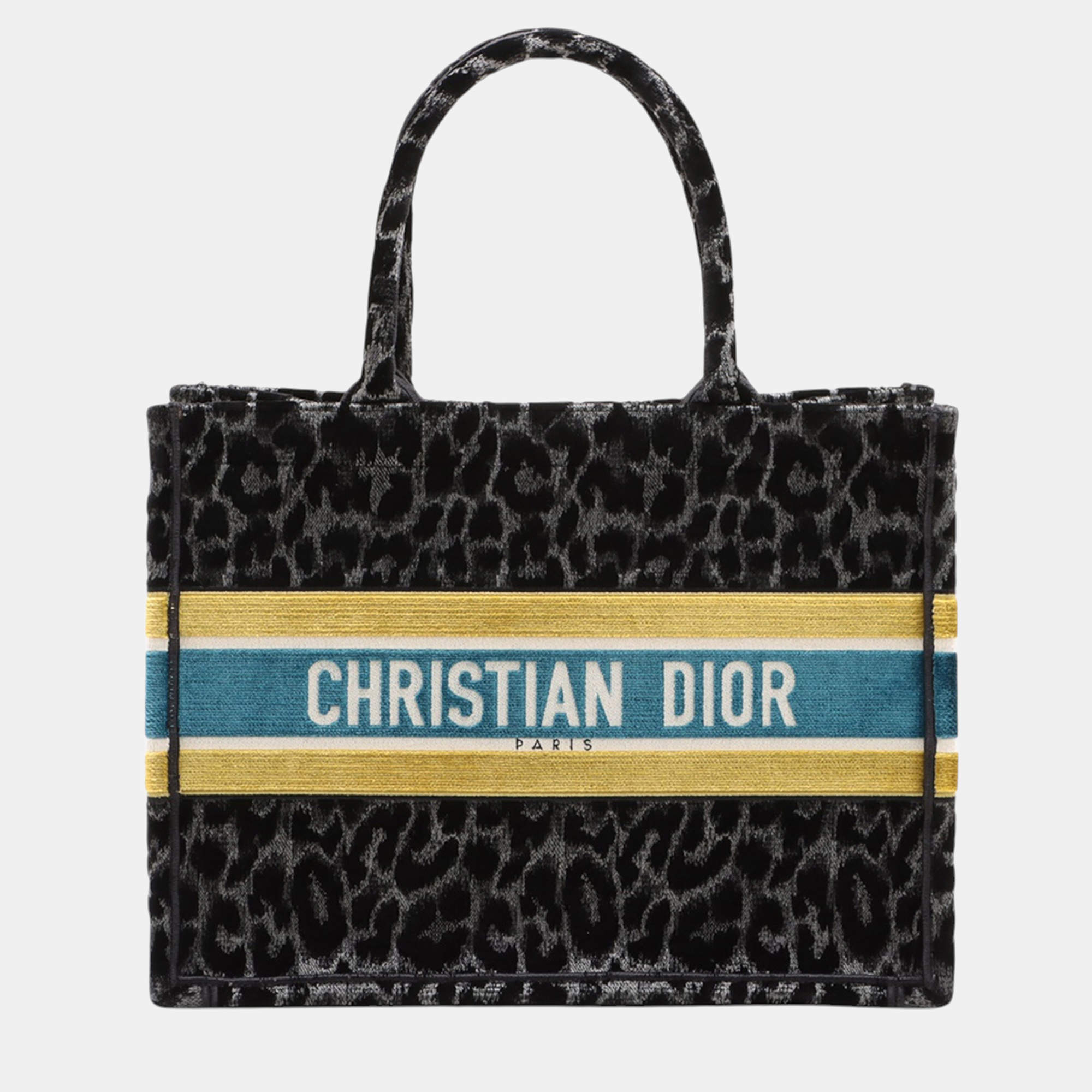 Pre Owned Dior Black Grey Mizza Medium Embroidered Velvet Leopard Book Tote