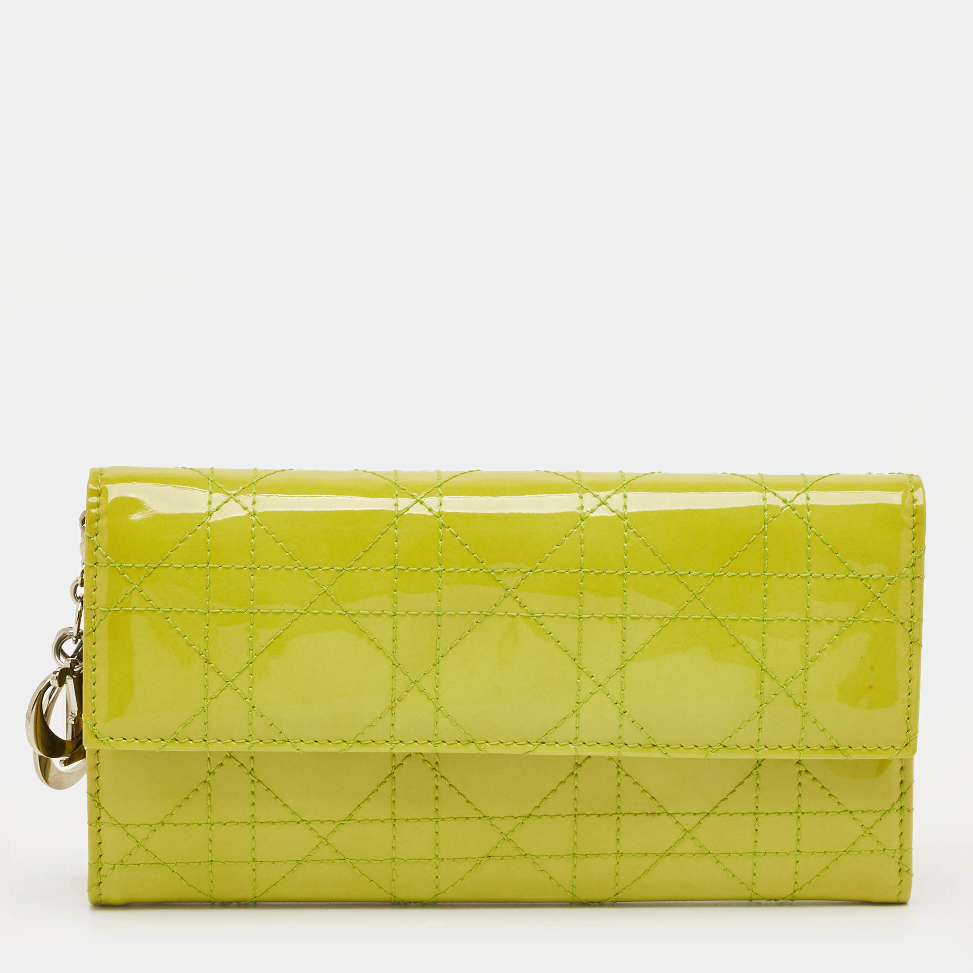 Pre Owned Dior Light Green Cannage Patent Leather Rendezvous Wallet on Chain