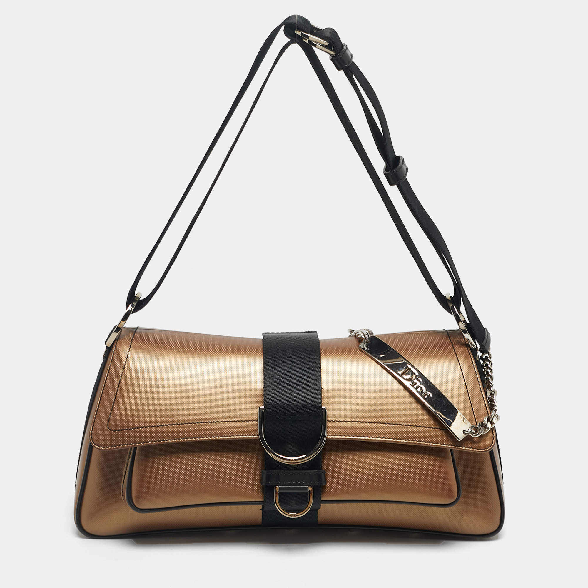 Pre Owned Dior Bronze/Black Leather and Fabric Hardcore Shoulder Bag