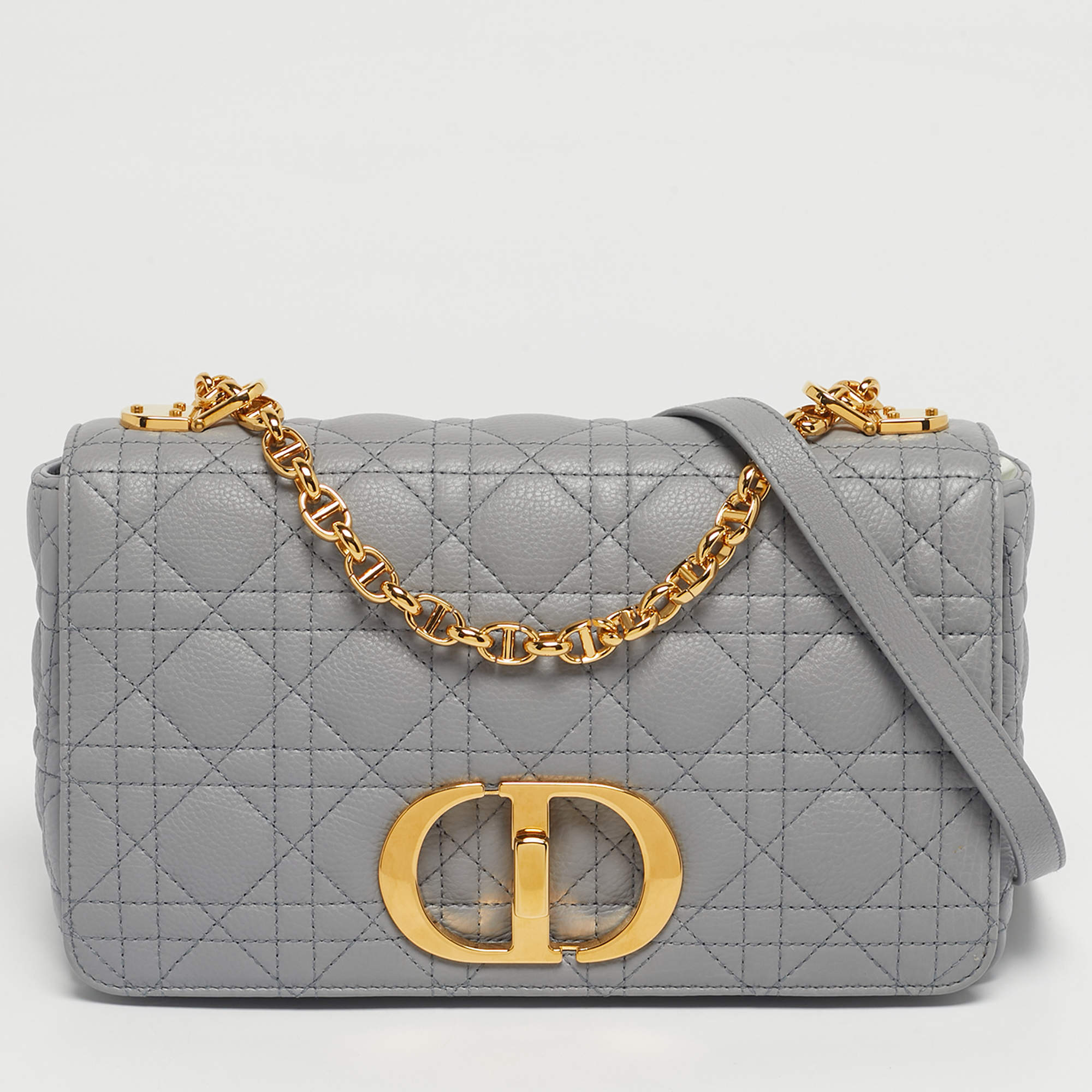 Pre Owned Dior Grey Cannage Leather Medium Caro Shoulder Bag