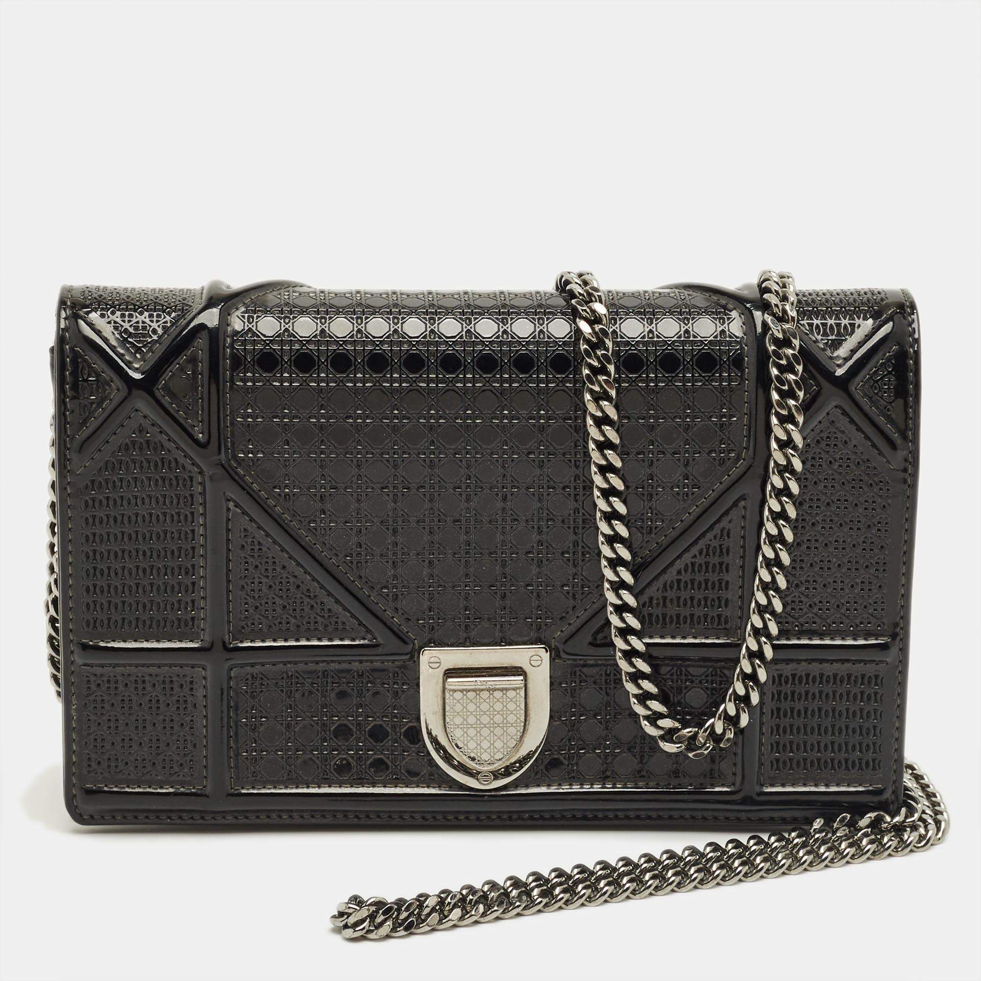Pre Owned Dior Black Microcannage Patent Leather Diorama Wallet on Chain